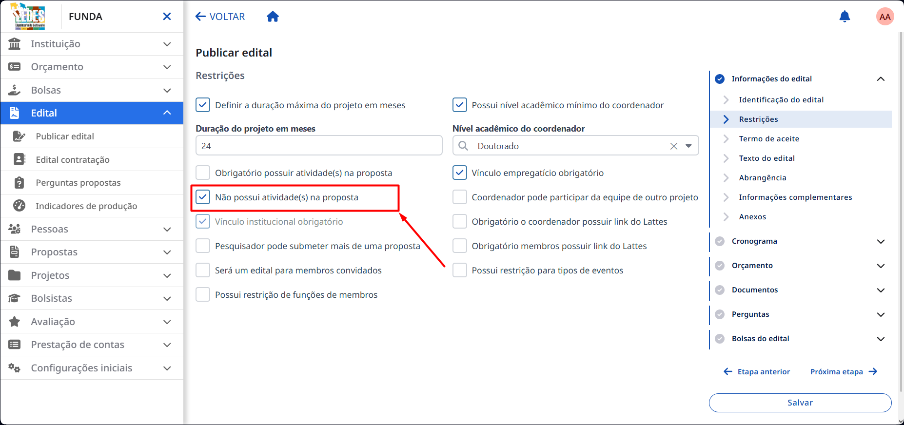 Checkbox para Não possui atividade na proposta.
