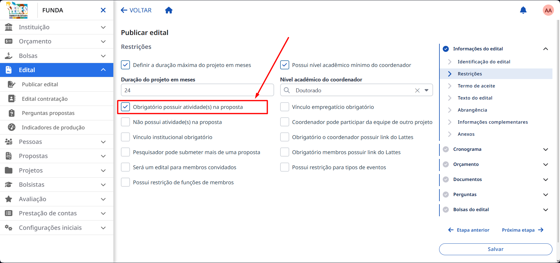 Checkbox para Obrigatório possuir atividade na proposta.