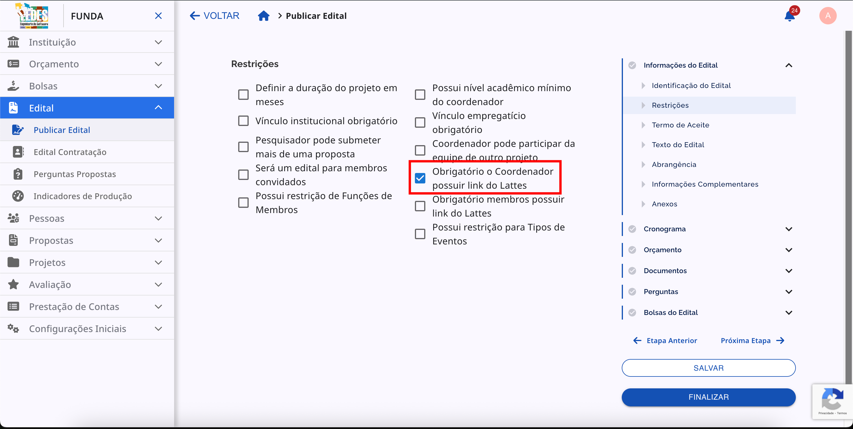 Checkbox para exigir o link do Lattes do coordenador.