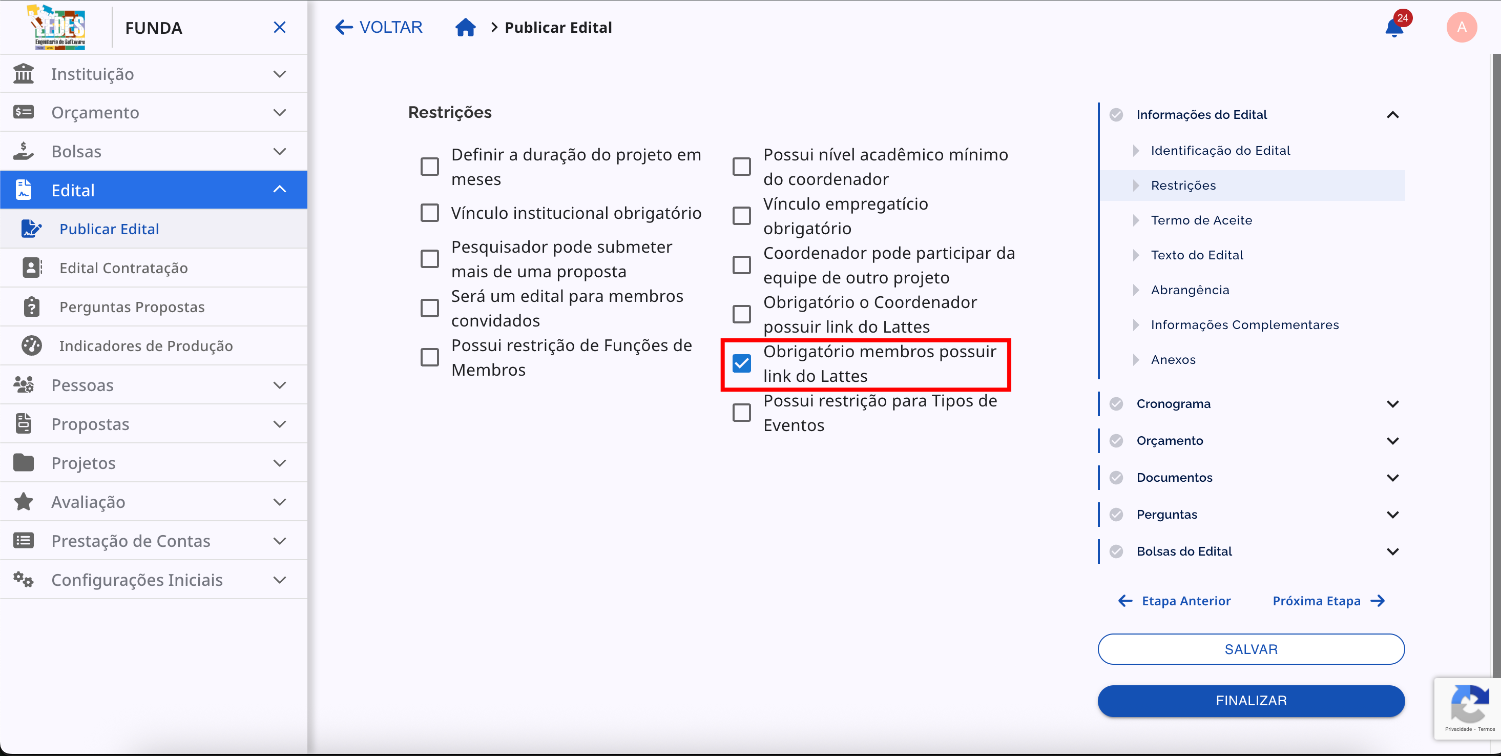 Checkbox para exigir o link do Lattes dos membros da equipe.