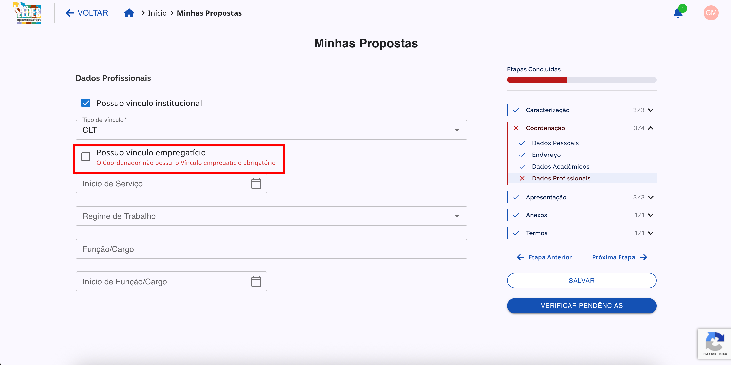 Mensagem de pendência exigindo vínculo empregatício.