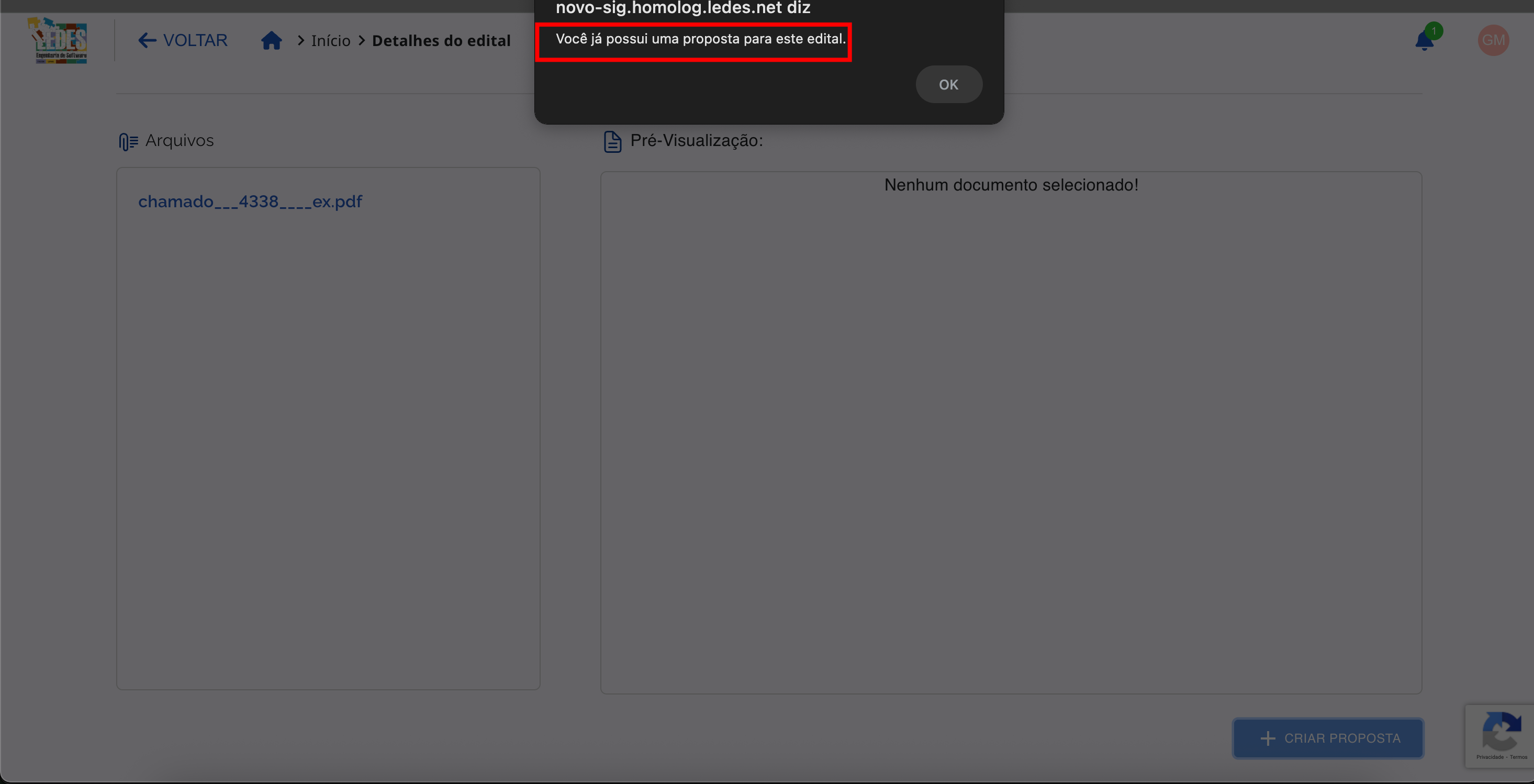 Mensagem de erro informando que o pesquisador já possui proposta no edital.