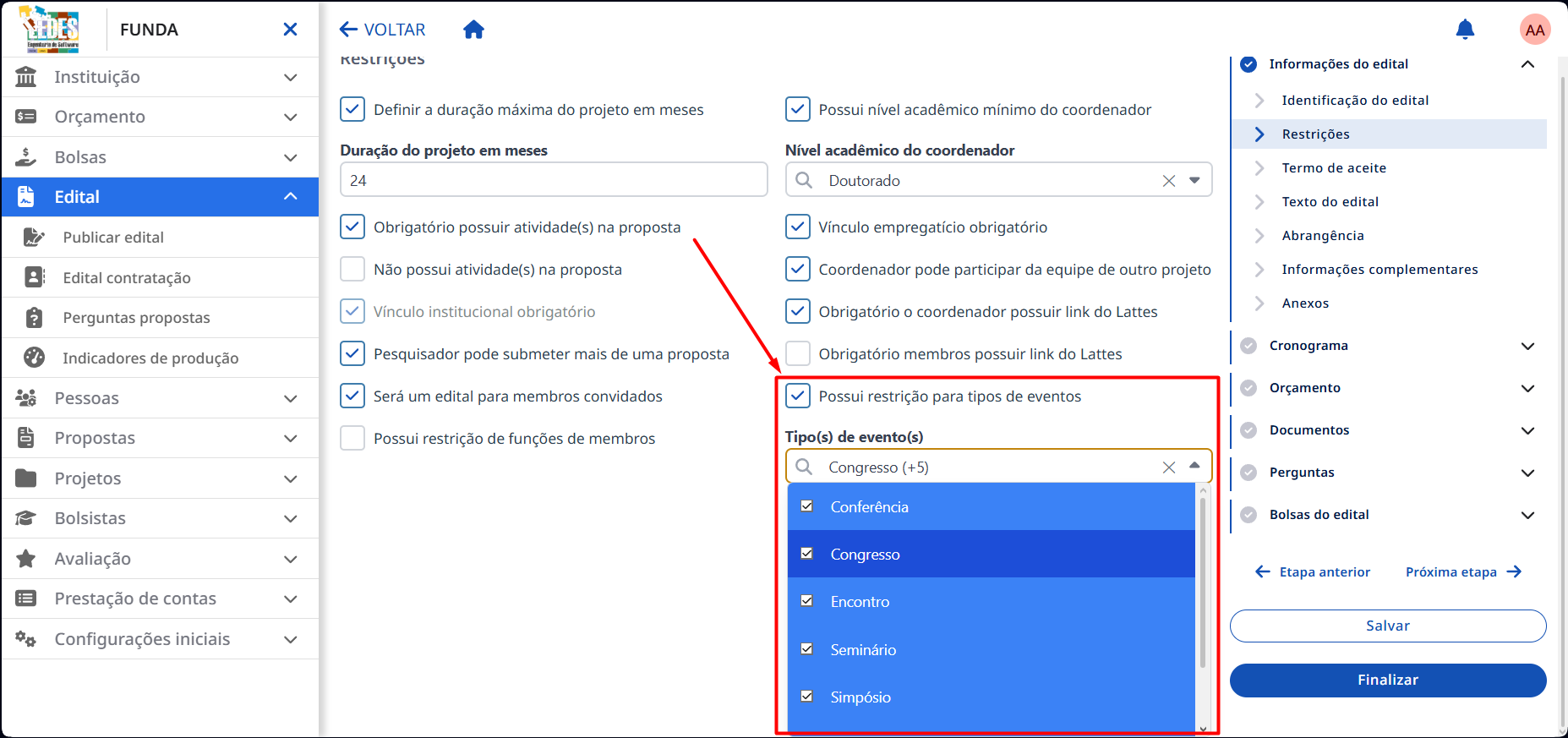 Checkbox de restrição para tipos de eventos.