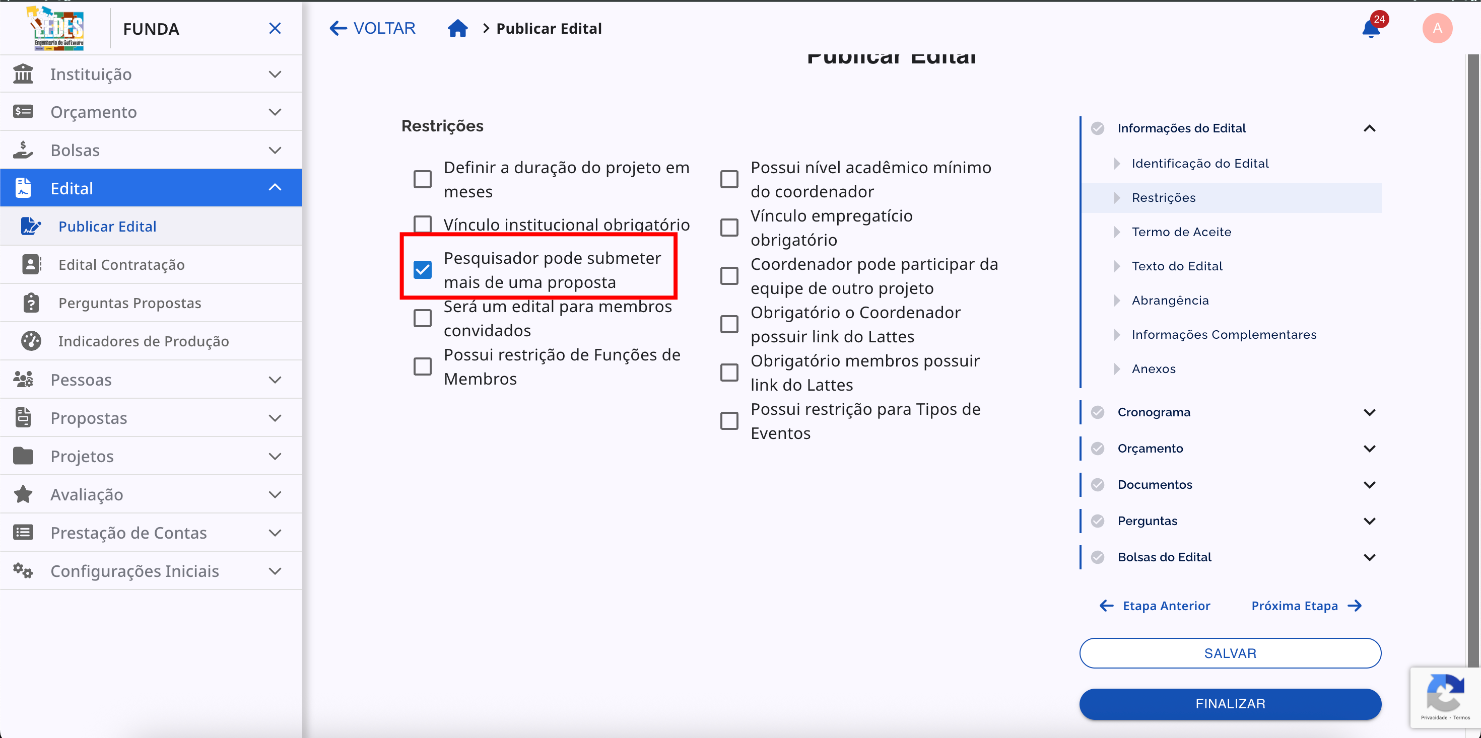 Checkbox para permitir múltiplas submissões pelo mesmo pesquisador.