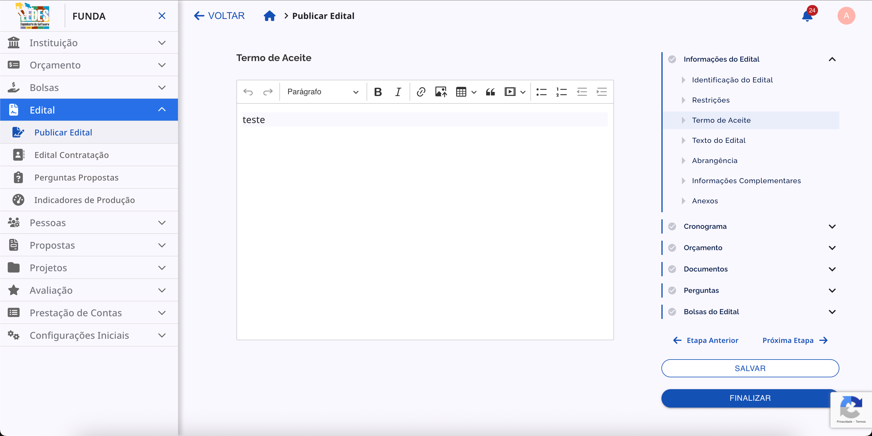 Editor de texto para o Termo de Aceite.