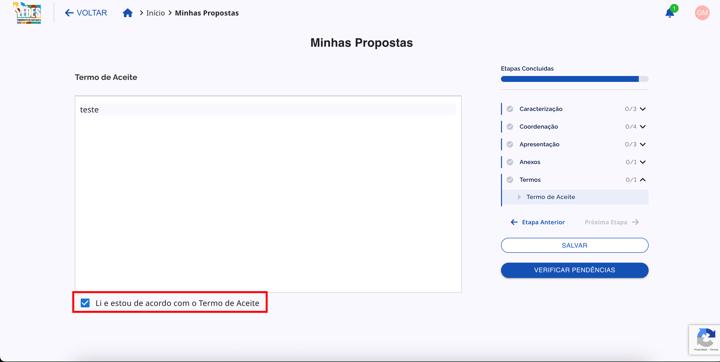 Tela de pendências da proposta mostrando a exigência do aceite do termo.