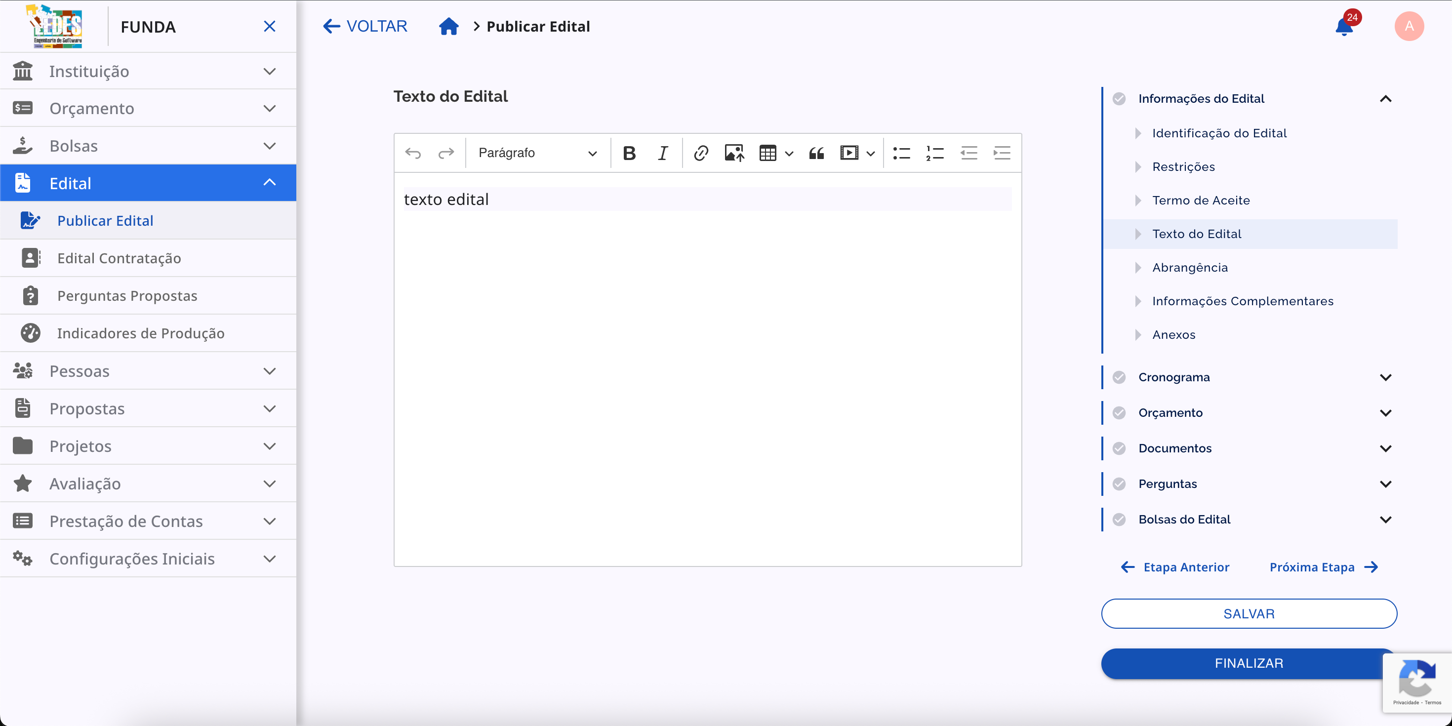 Editor de texto para o Texto do Edital.