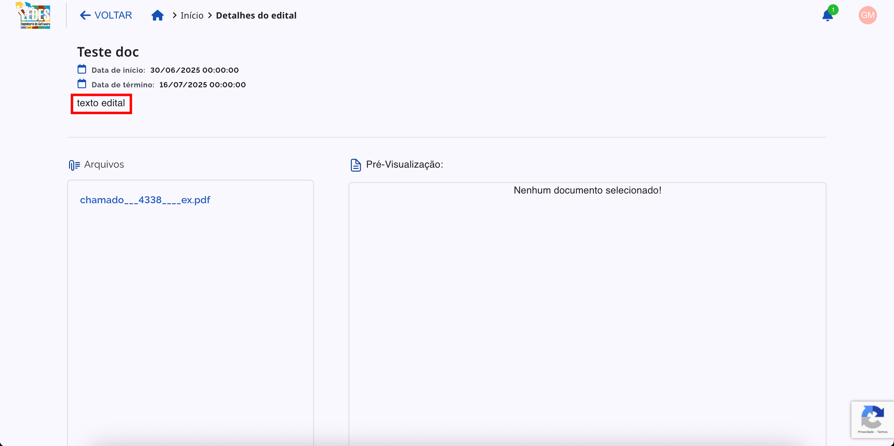 Exibição do Texto do Edital para o coordenador na tela de submissão.