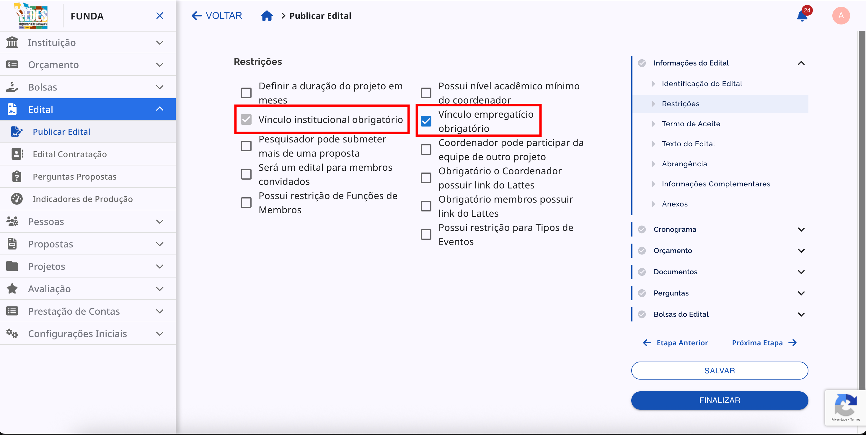 Checkbox para Vínculo Empregatício Obrigatório.