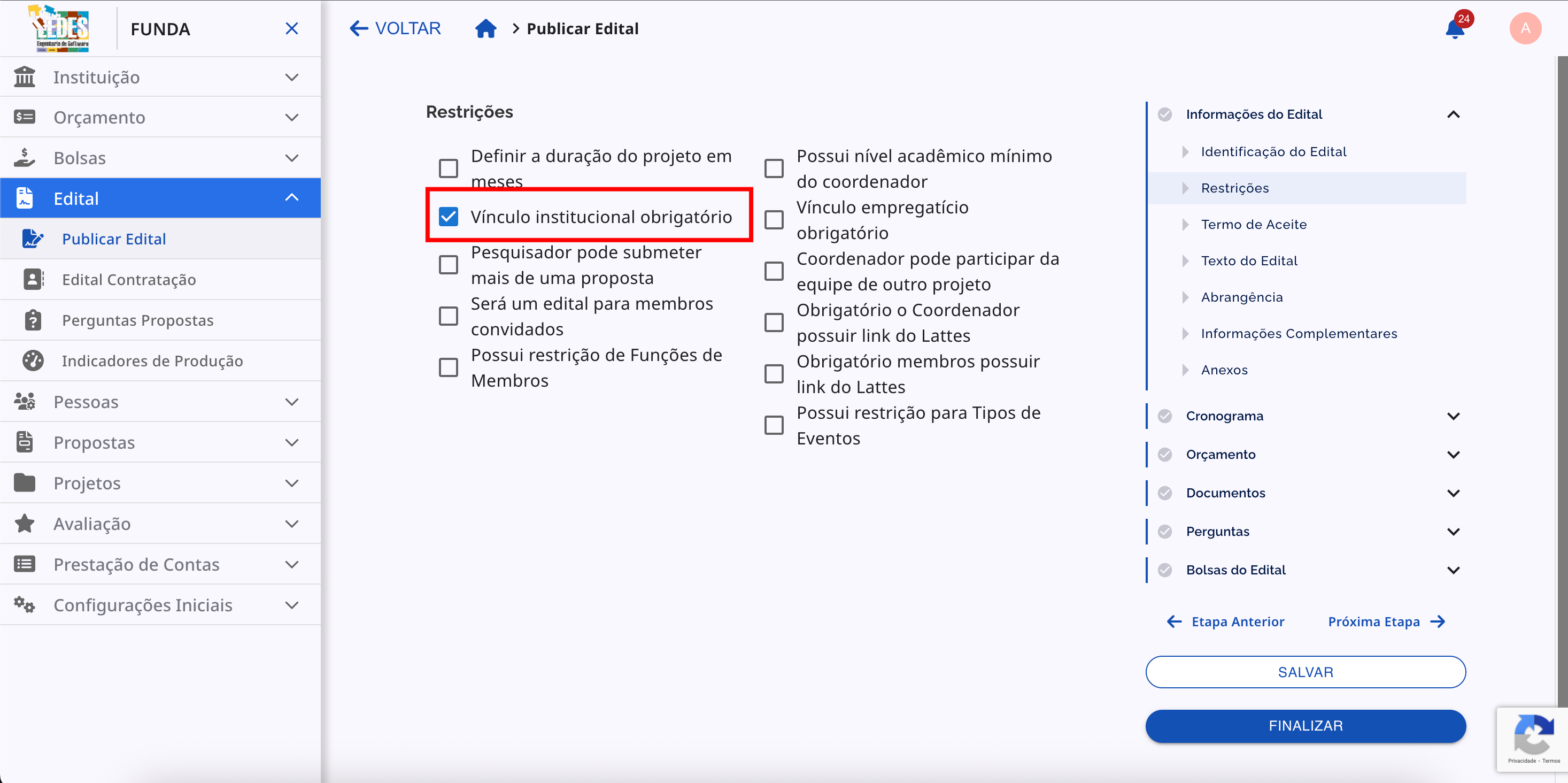 Checkbox para Vínculo Institucional Obrigatório.