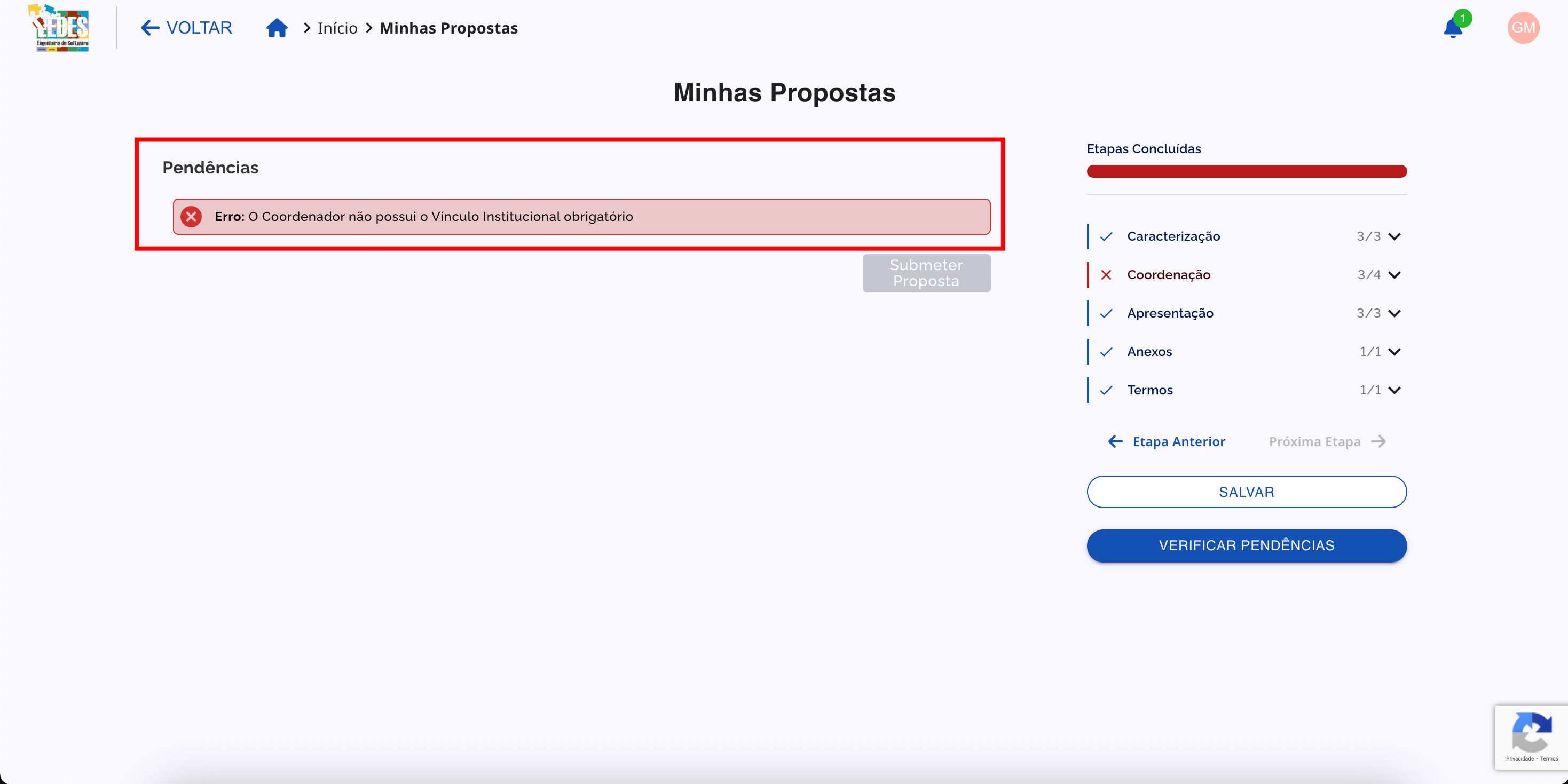 Tela de pendências da proposta mostrando a exigência do vínculo institucional.