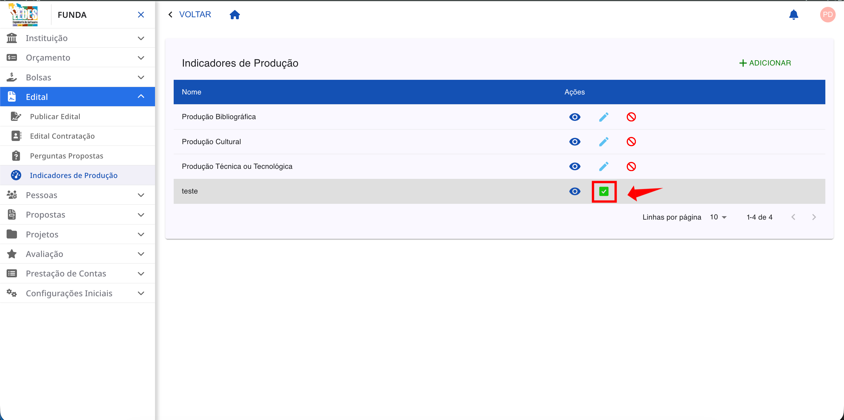 Ícone de check para reativar o indicador.
