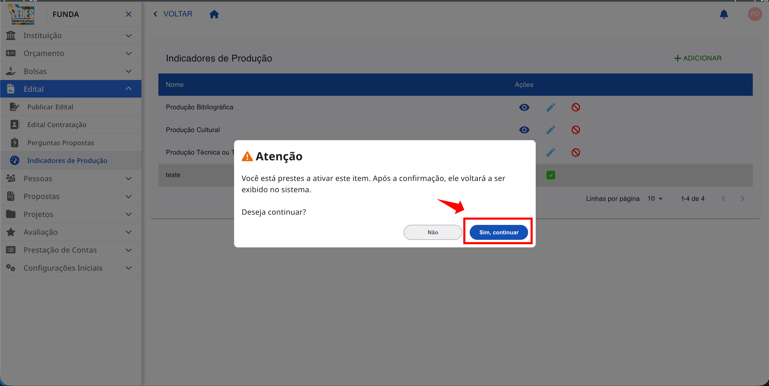 Janela de confirmação para reativar o item.