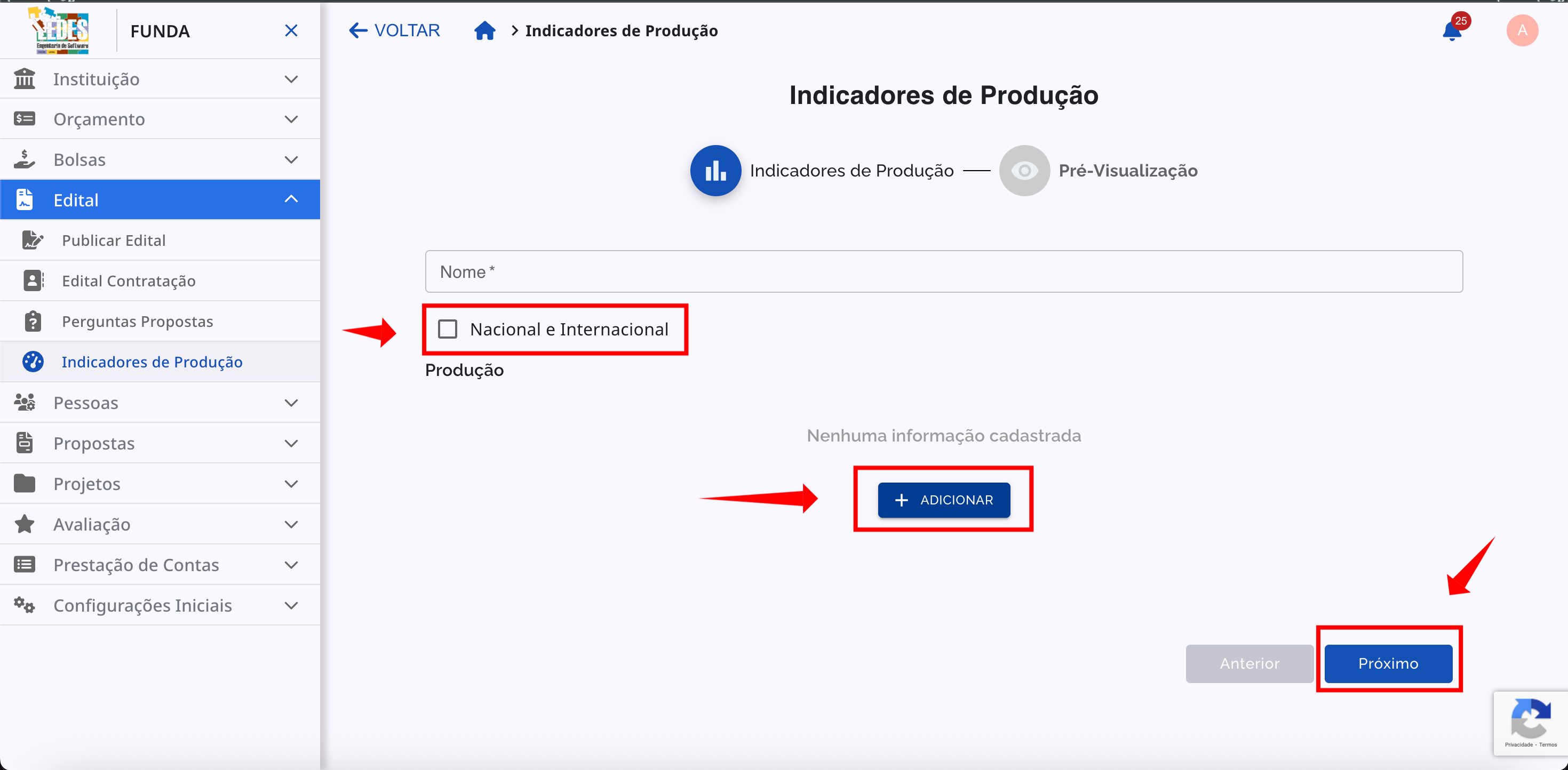 Formulário de criação de um novo indicador.