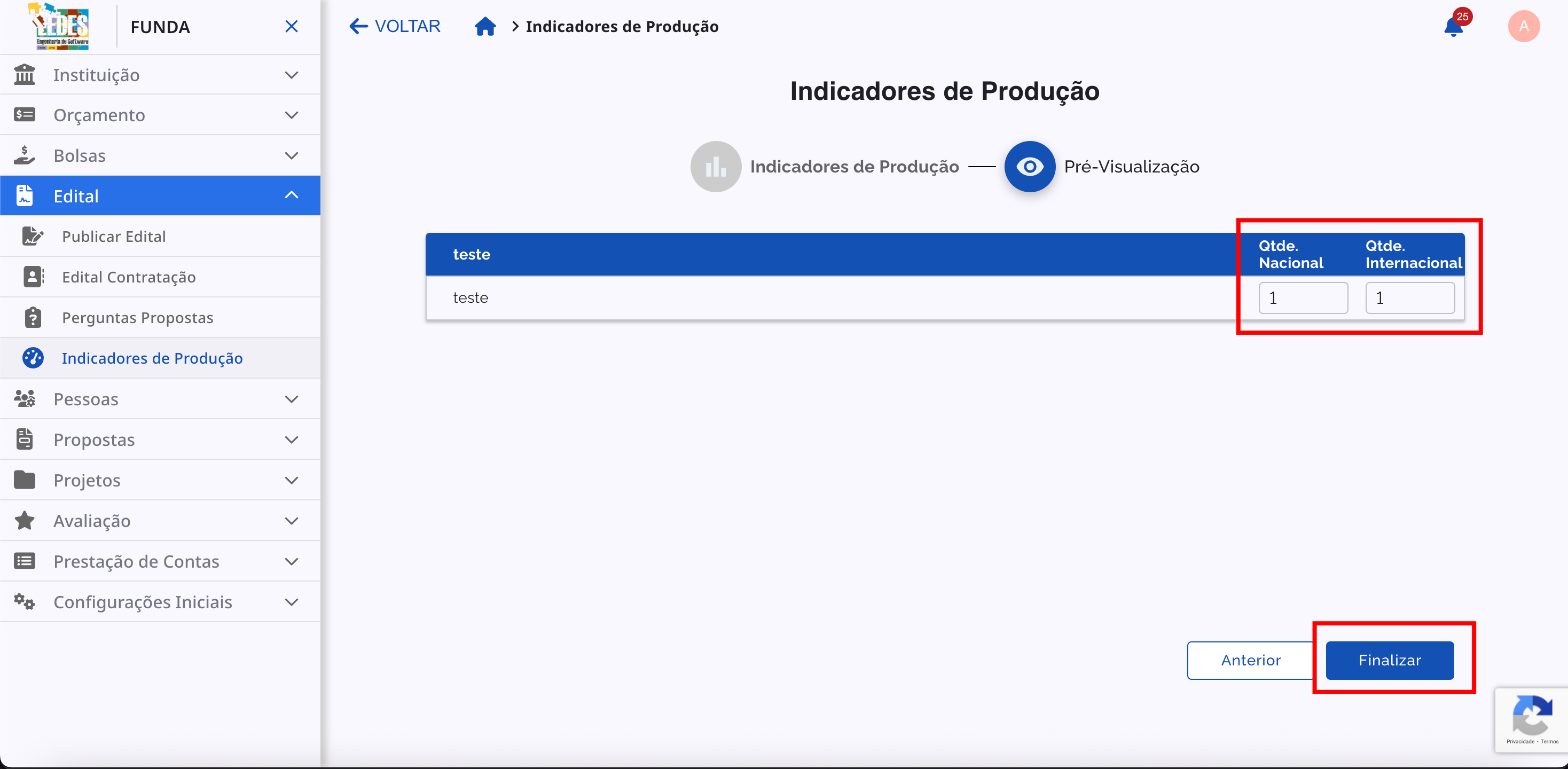 Tela de pré-visualização do indicador criado.