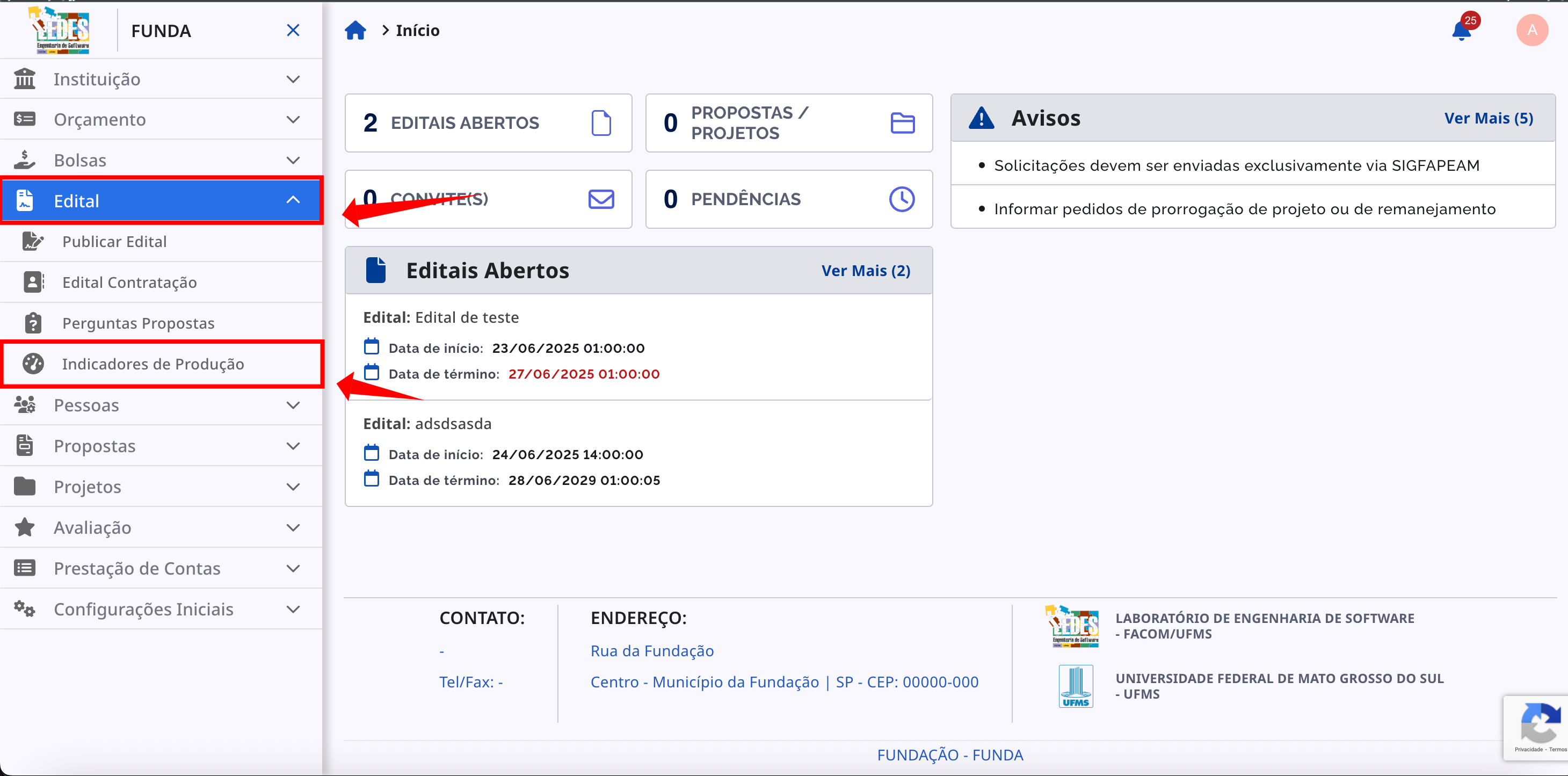 Tela principal de Indicadores de Produção.
