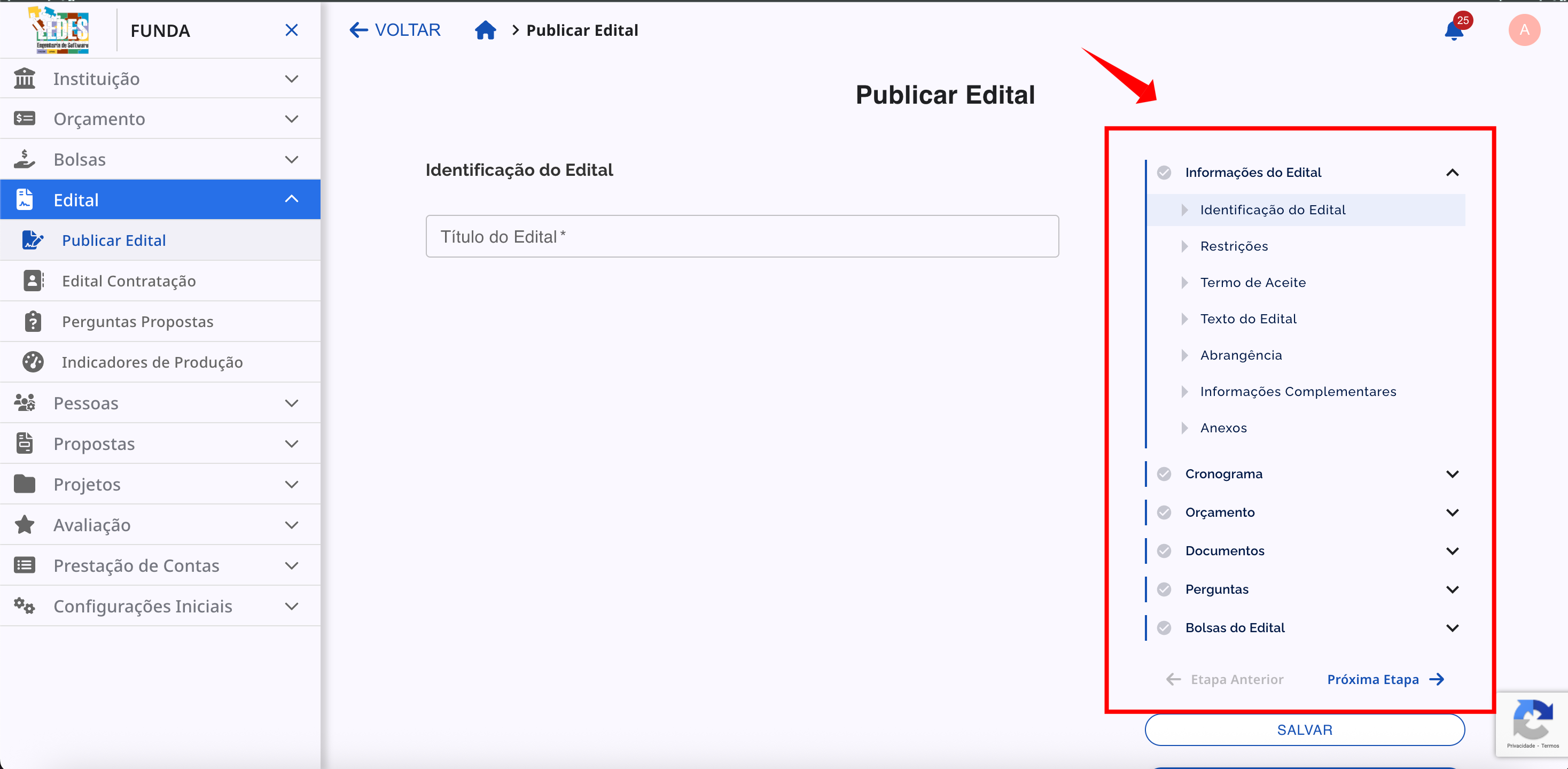 Menu de navegação das etapas de configuração do edital.