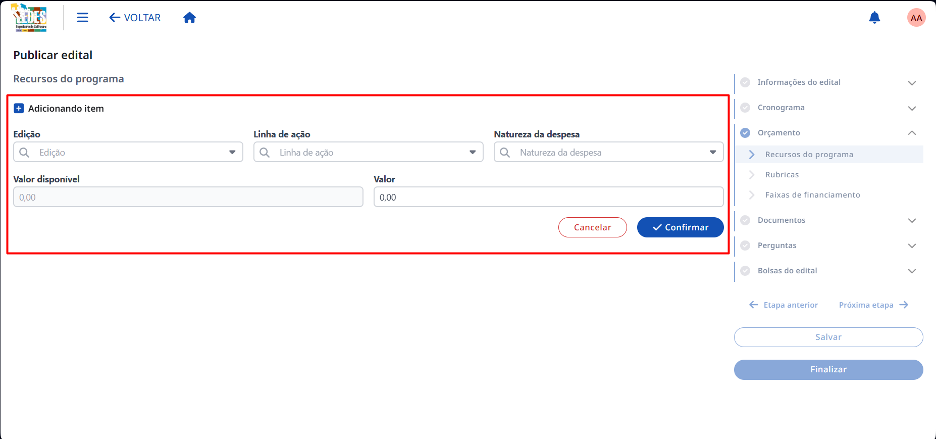 Formulário de preenchimento para adicionar os recursos do programa.