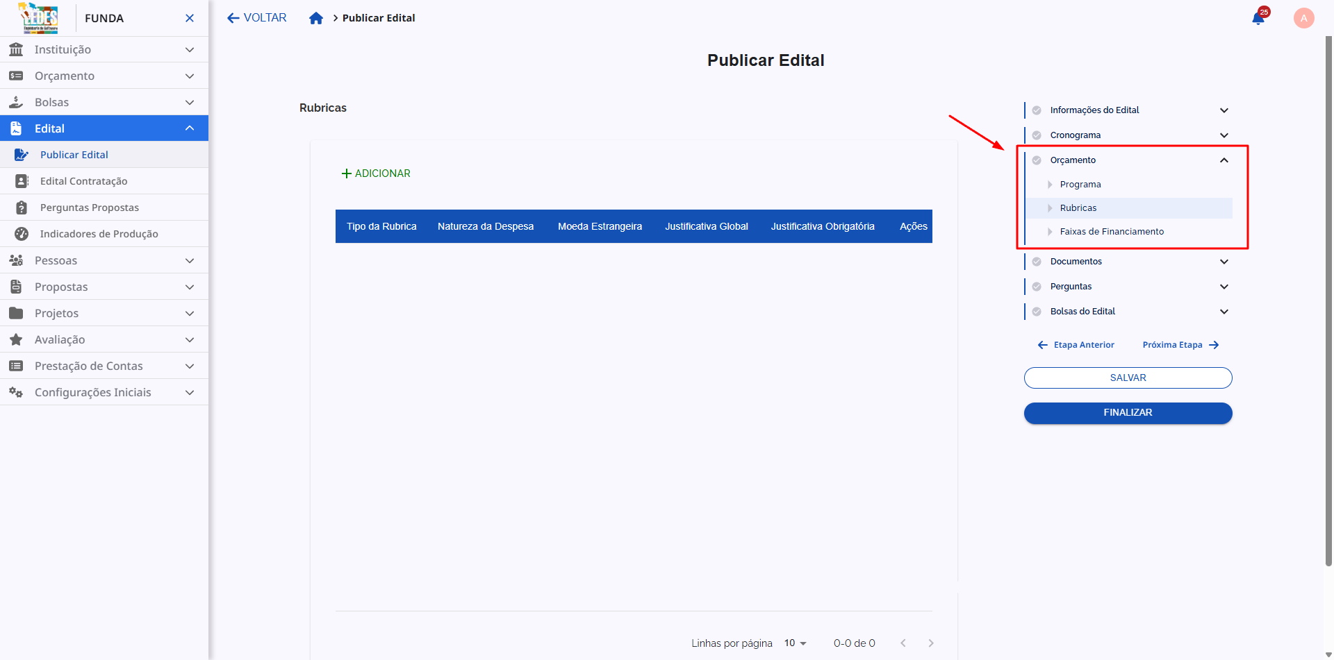 Navegação da etapa de Orçamento dentro da configuração do edital.