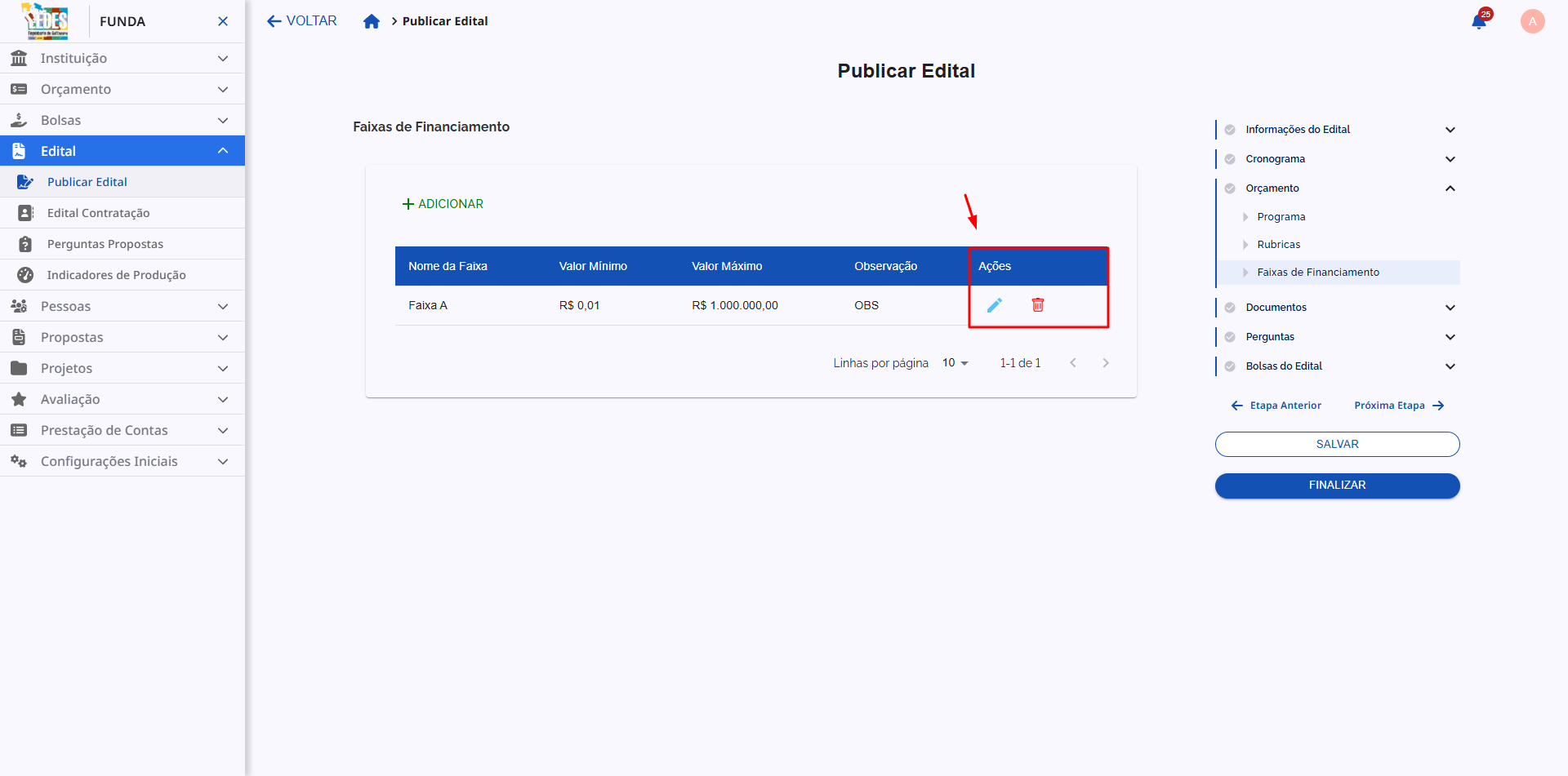 Coluna 'Ações' mostrando os ícones para Editar e Excluir uma faixa de financiamento.