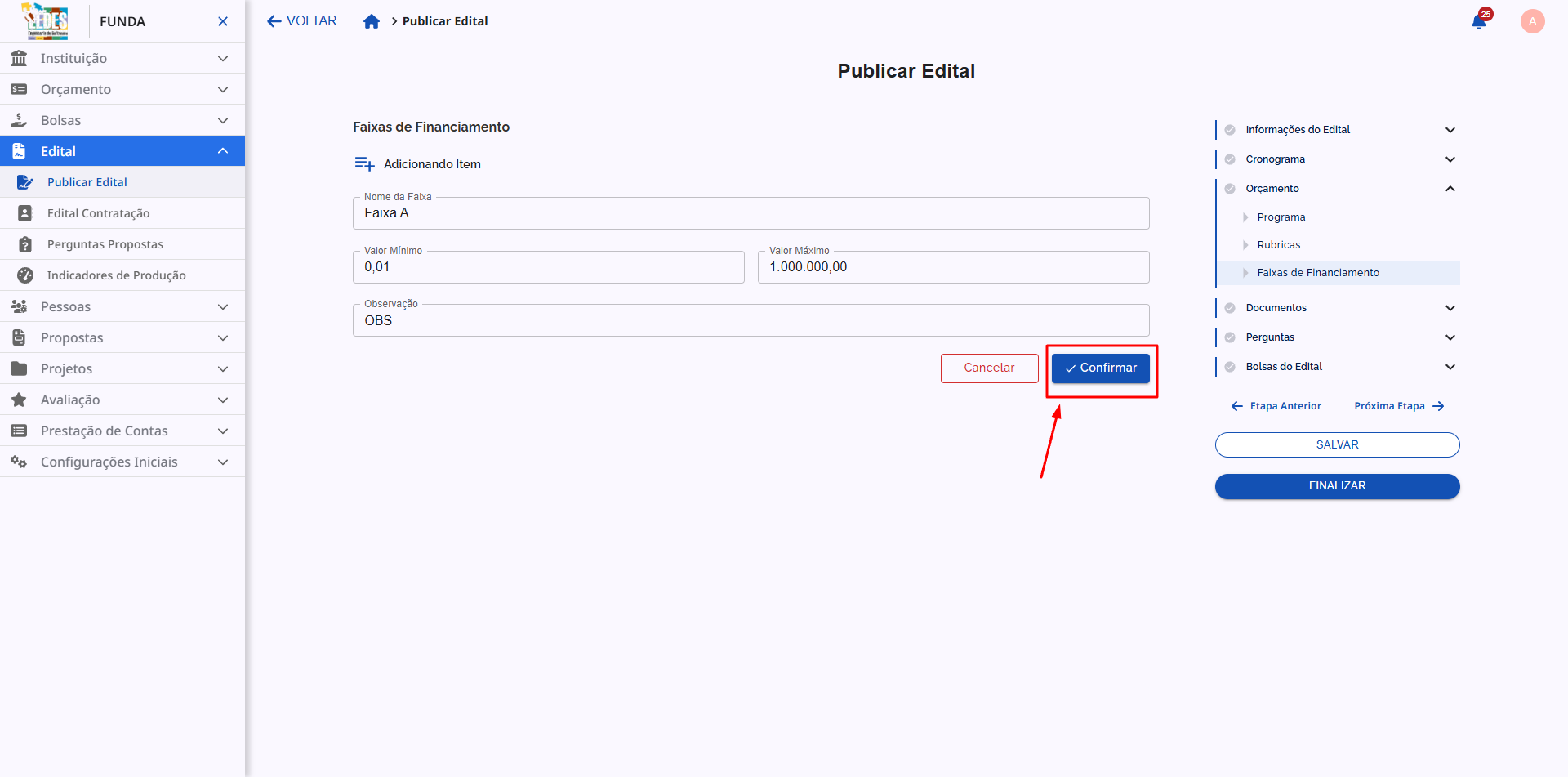 Formulário de Faixa de Financiamento preenchido e botão Salvar em destaque.