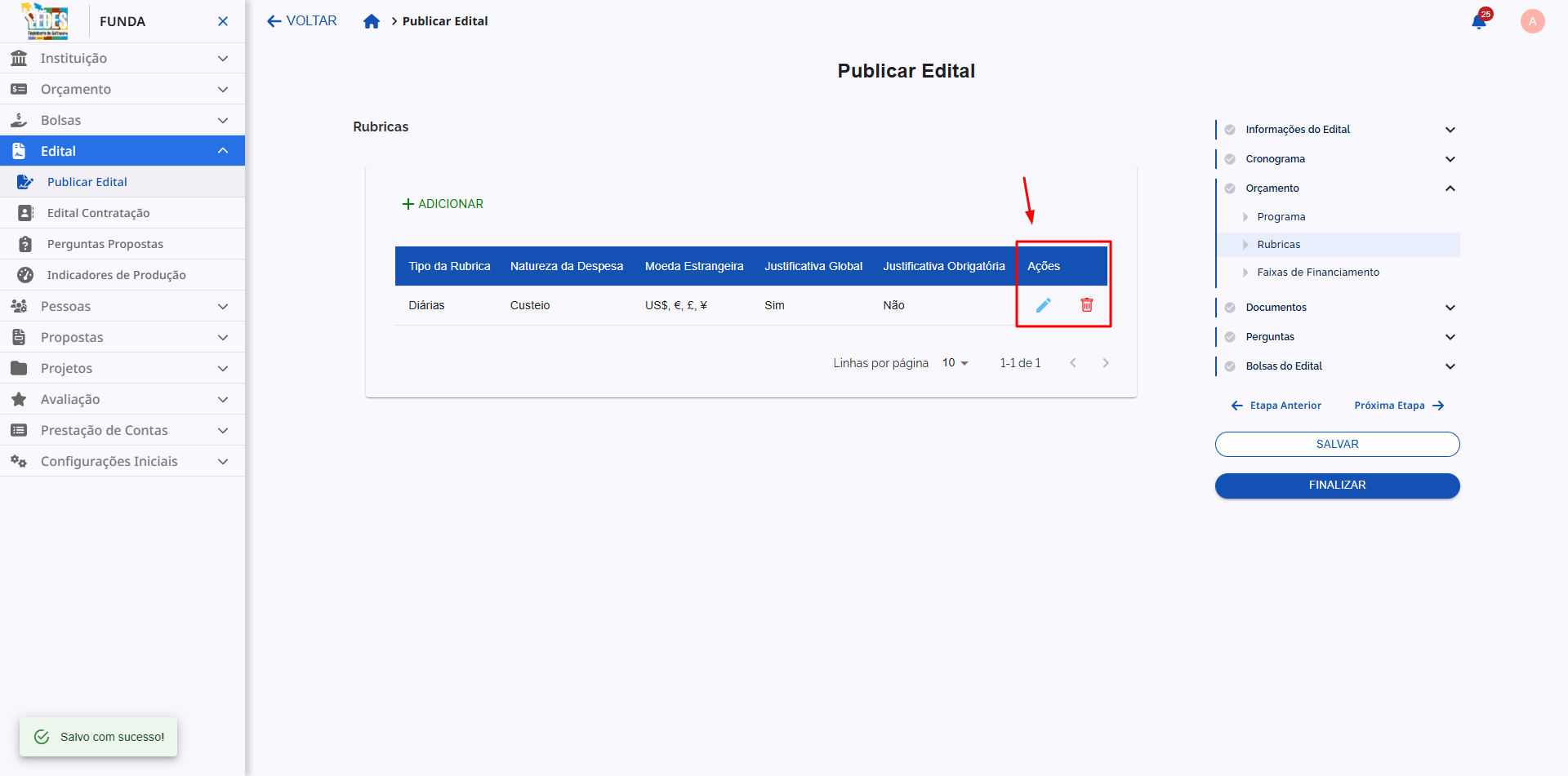 Coluna 'Ações' mostrando os ícones para Editar e Excluir uma rubrica.