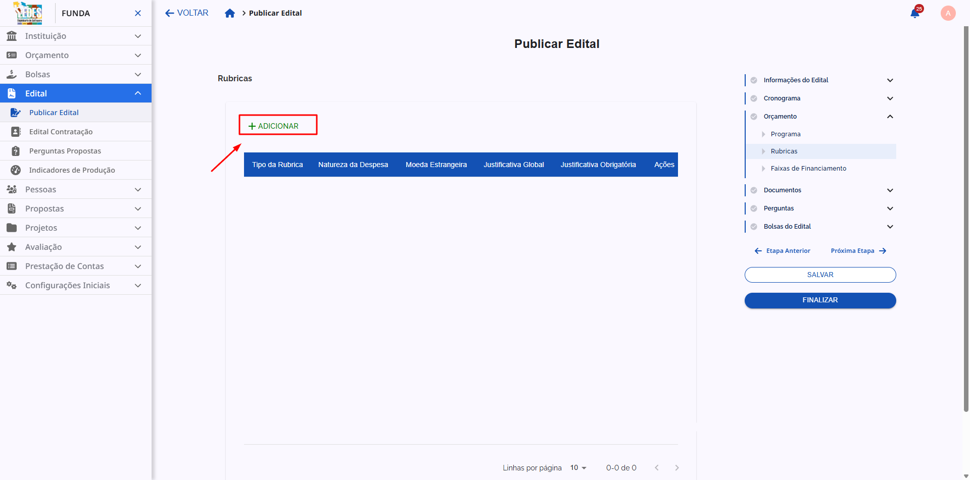 Botão para adicionar uma nova rubrica de despesa.