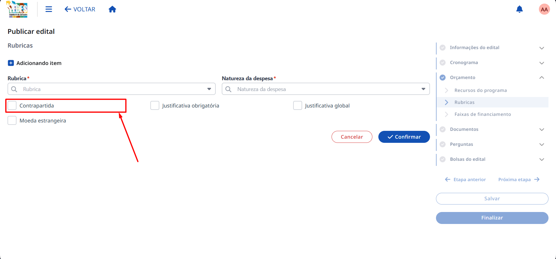 Checkbox para definir a rubrica como contrapartida.