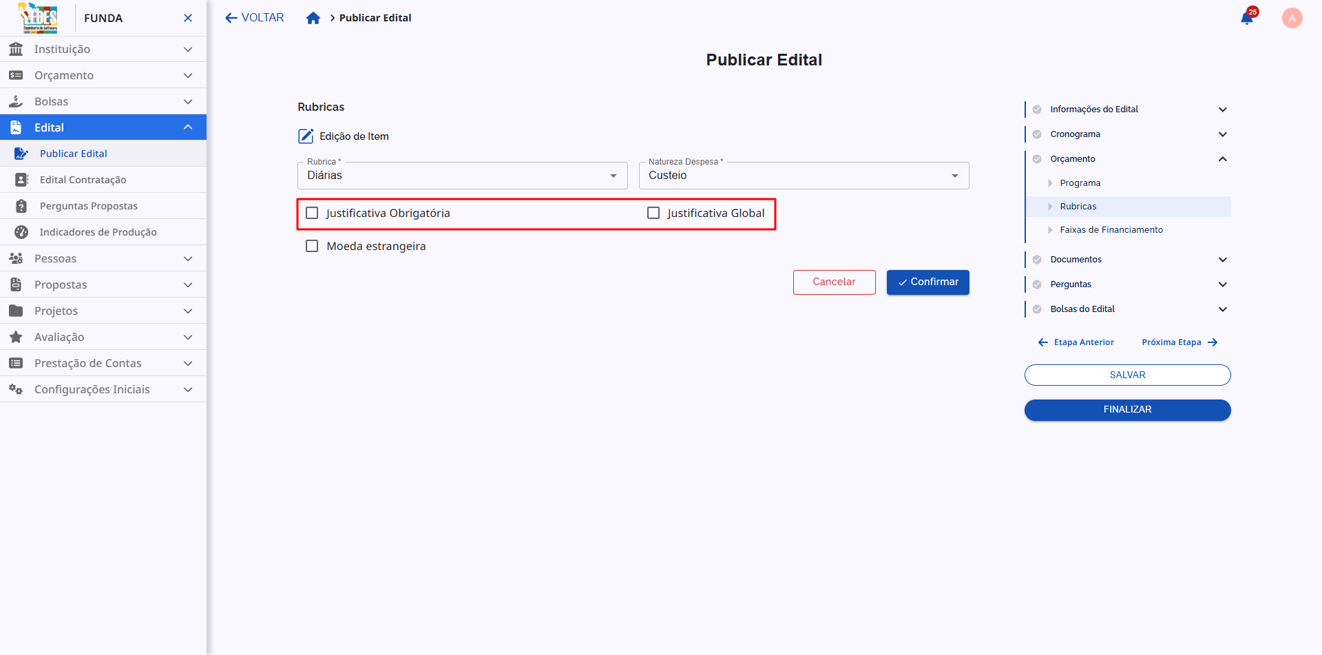 Opções de checkbox para Justificativa Obrigatória e Justificativa Global.