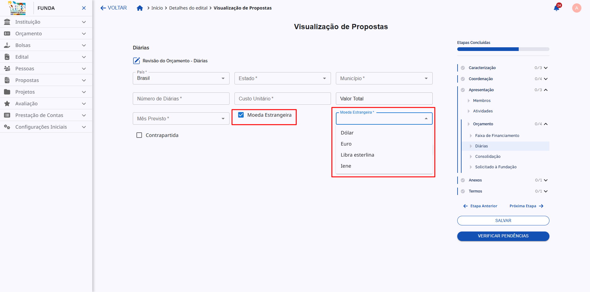 Tela da proposta mostrando a opção para o pesquisador selecionar a moeda estrangeira e orçar o valor.