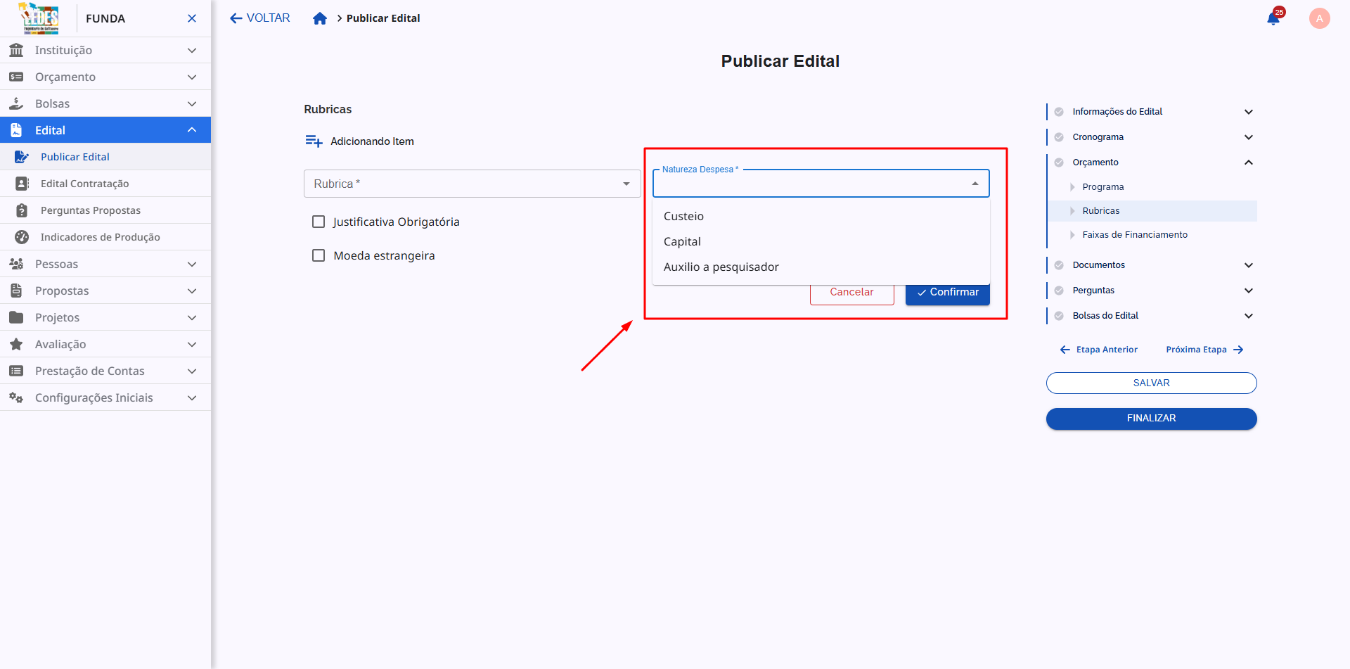 Dropdown com as possíveis naturezas de despesa.