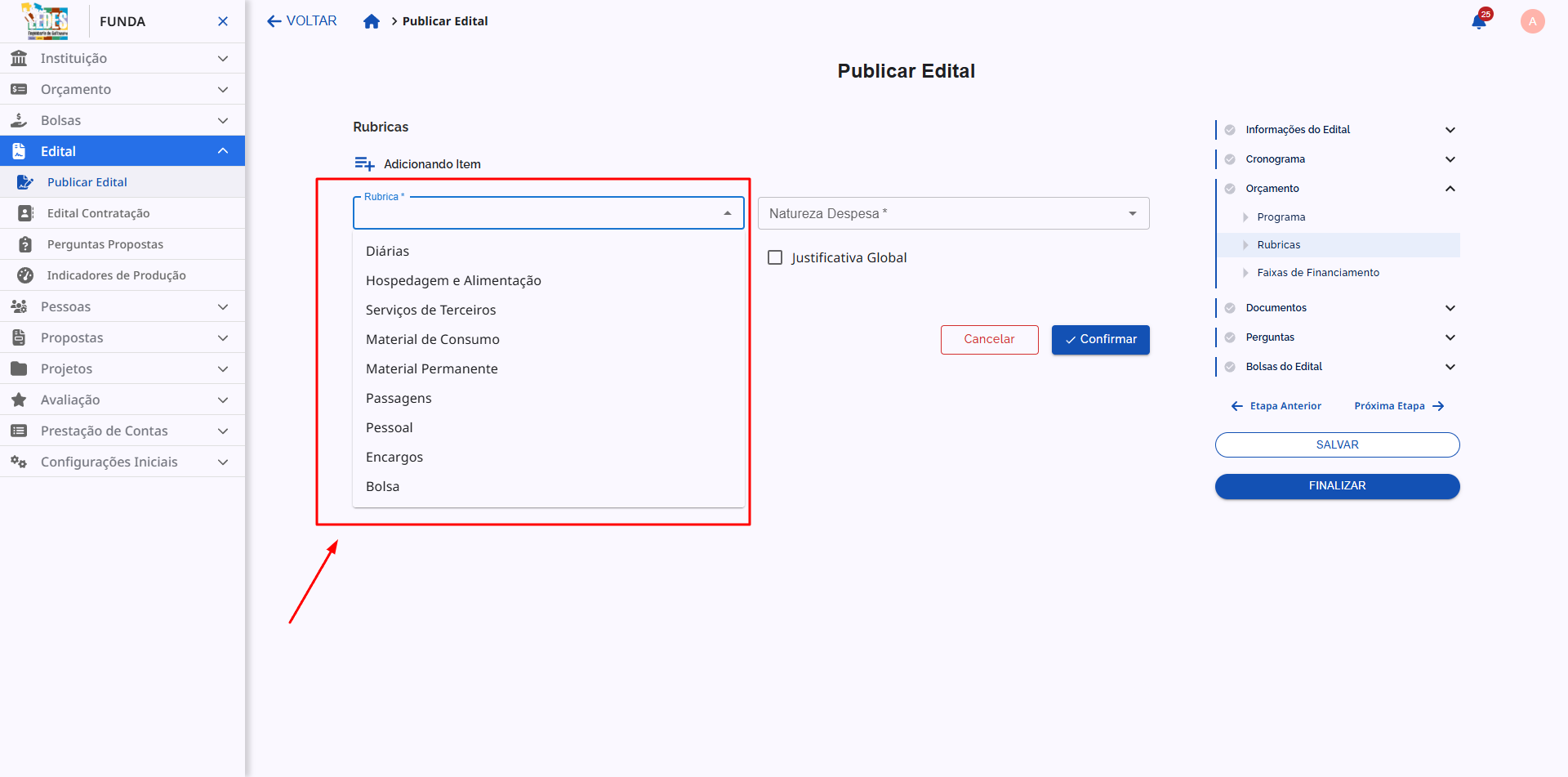 Dropdown com as possíveis rubricas para seleção.