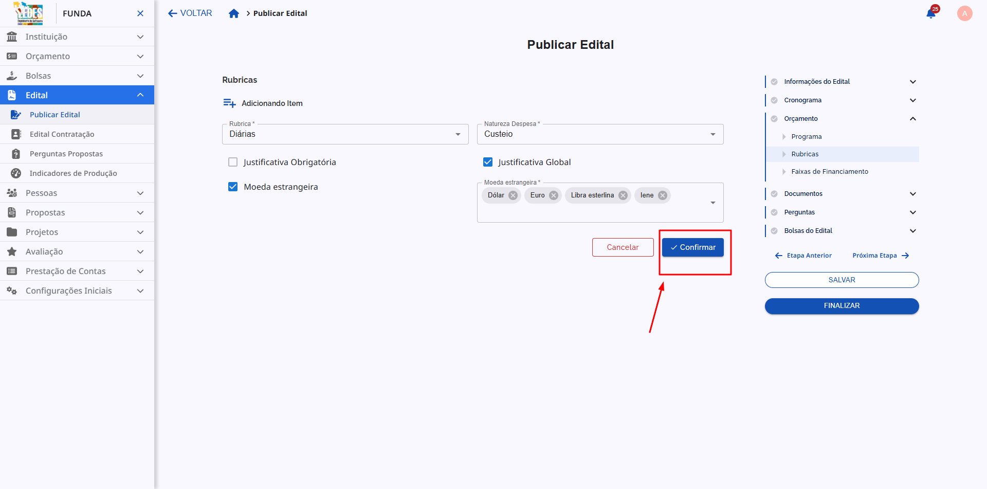 Botão 'Confirmar' em destaque no final do formulário de criação de rubrica.