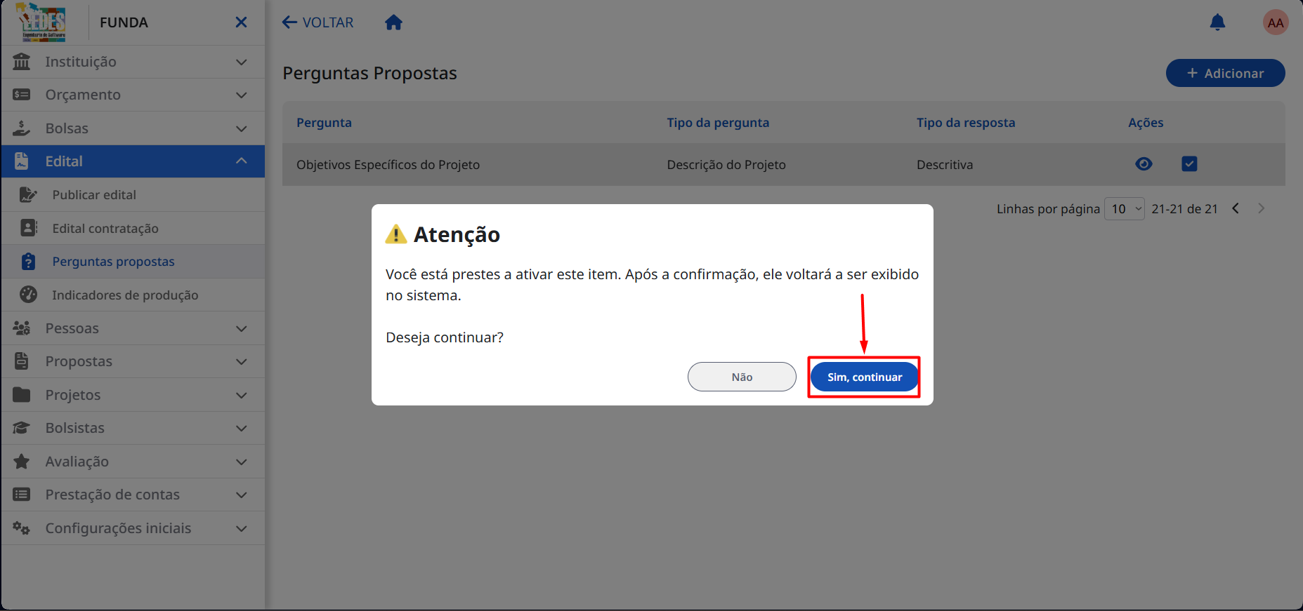 Janela de confirmação para desativar o item.