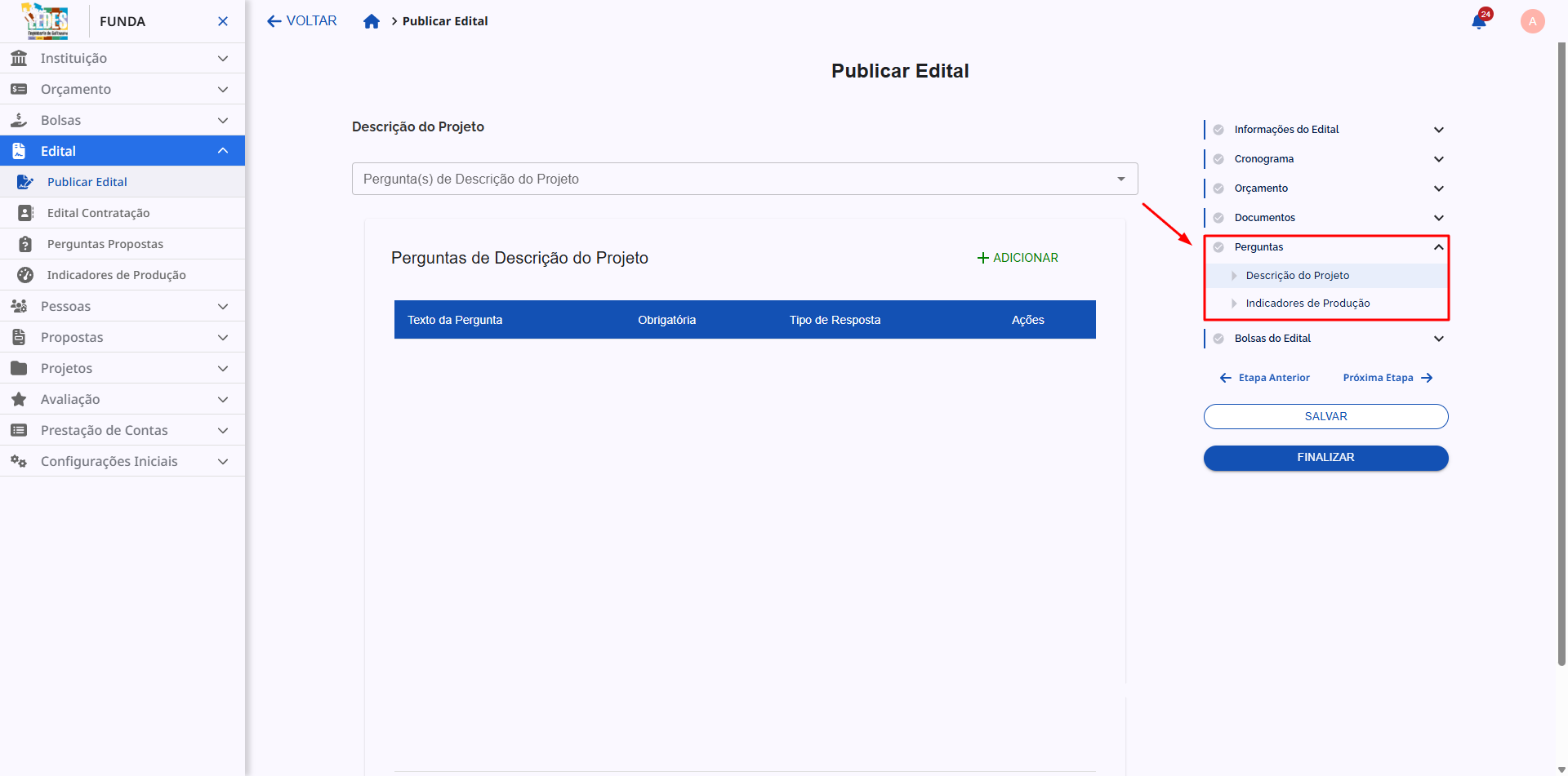 Navegação da etapa de Perguntas dentro da configuração do edital.