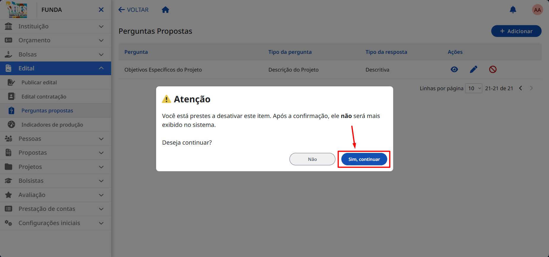 Janela de confirmação para desativar o item.