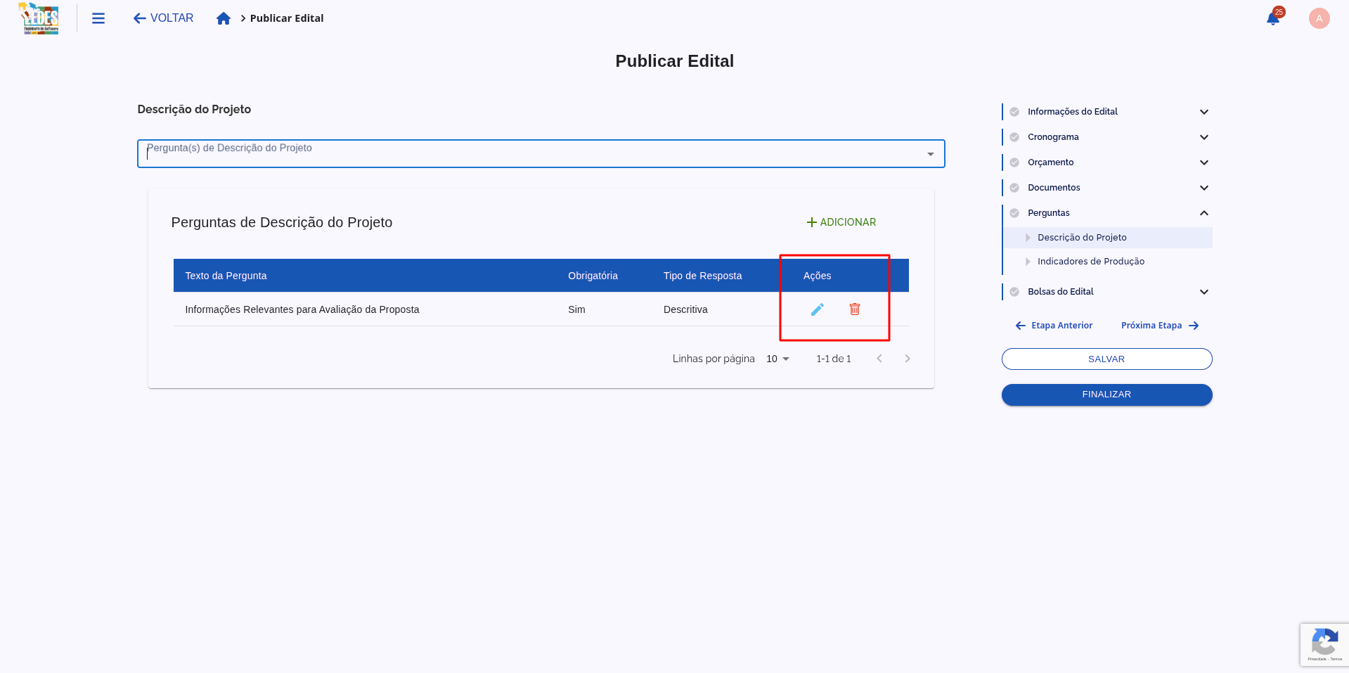 Ações disponíveis para cada pergunta adicionada.