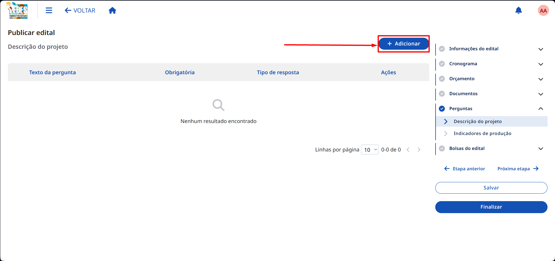 Botão Adicionar para criar uma nova pergunta na descrição.