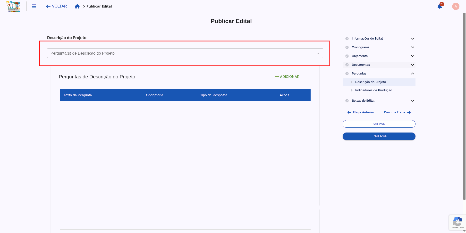 Caixa de seleção de perguntas prontas.
