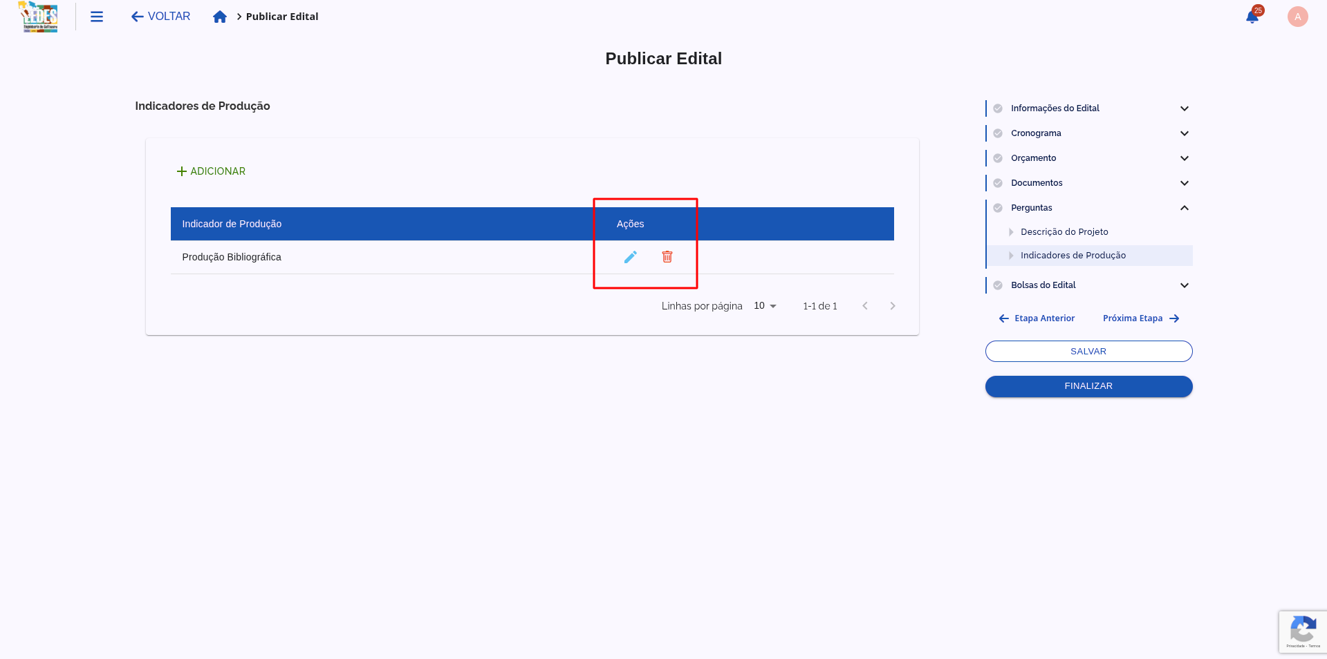 Ações disponíveis para cada indicador adicionado.