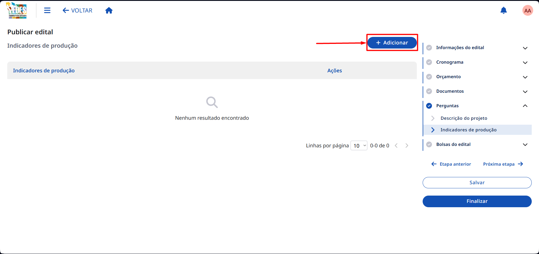 Botão Adicionar Indicador