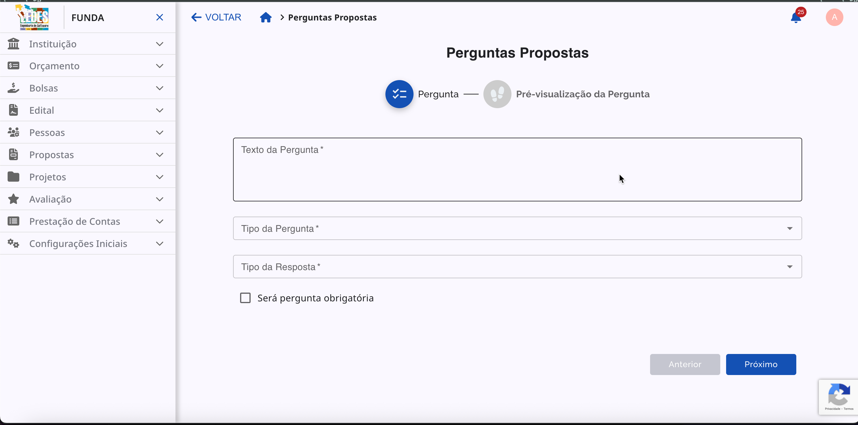 Formulário de criação de uma nova pergunta.