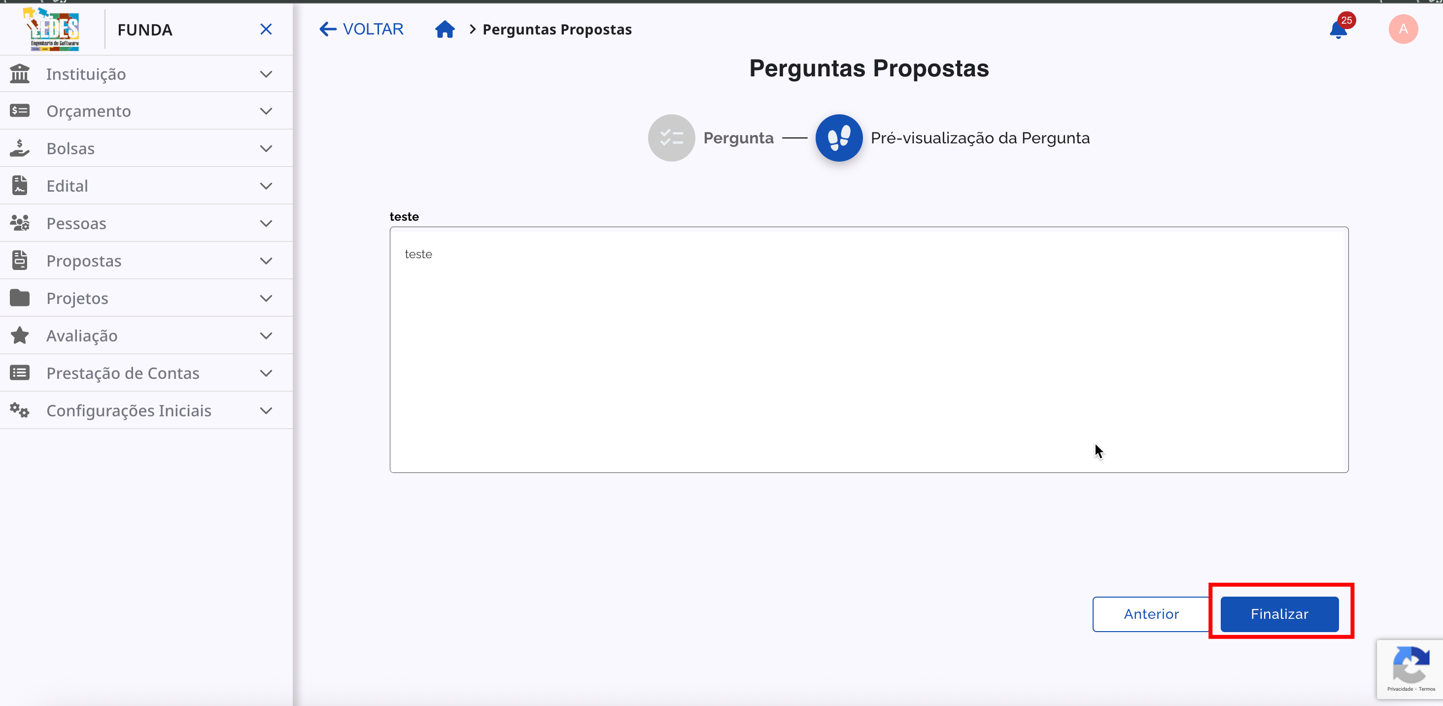 Tela de pré-visualização da pergunta criada.