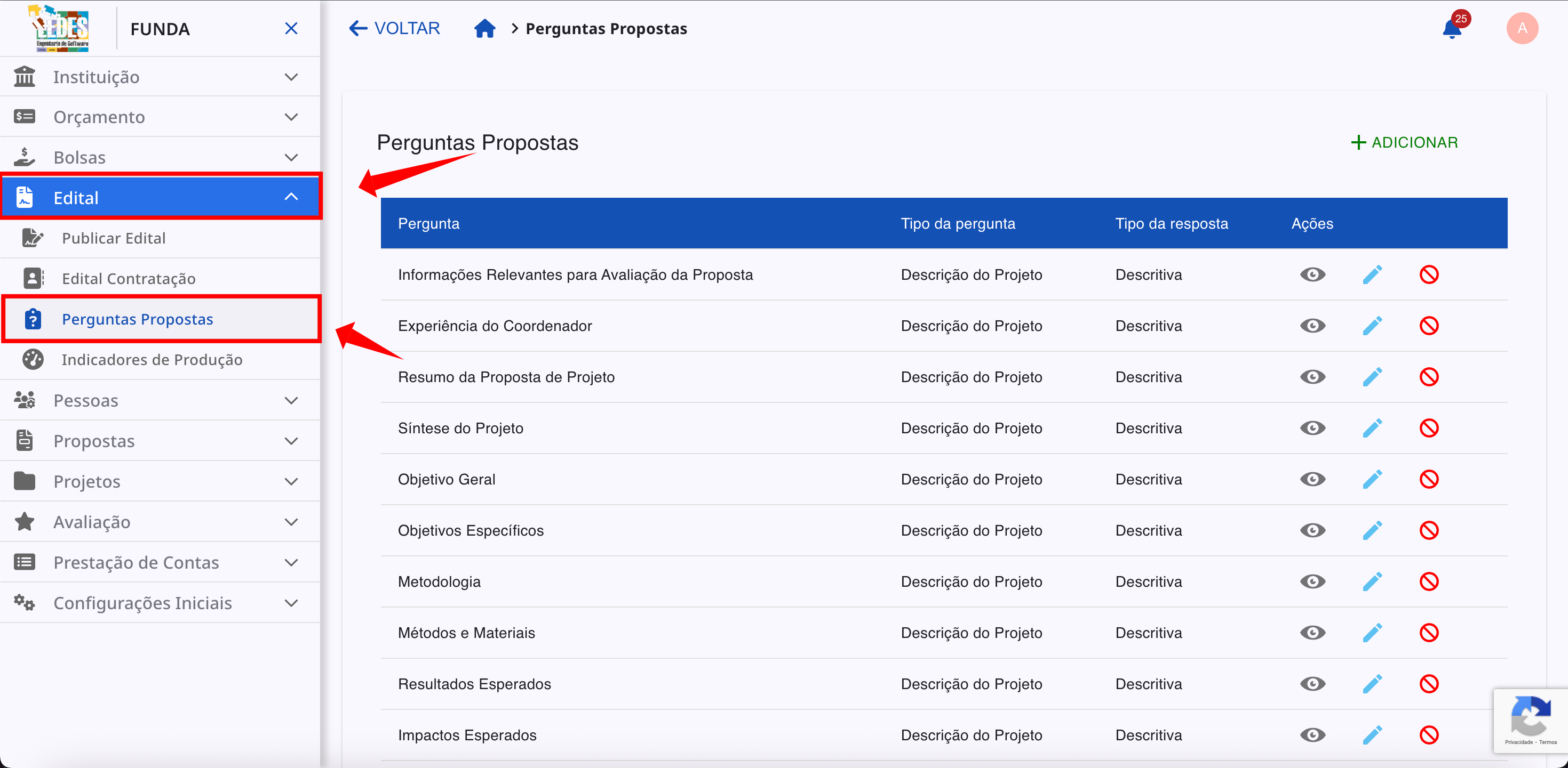 Tela principal de Perguntas Propostas.