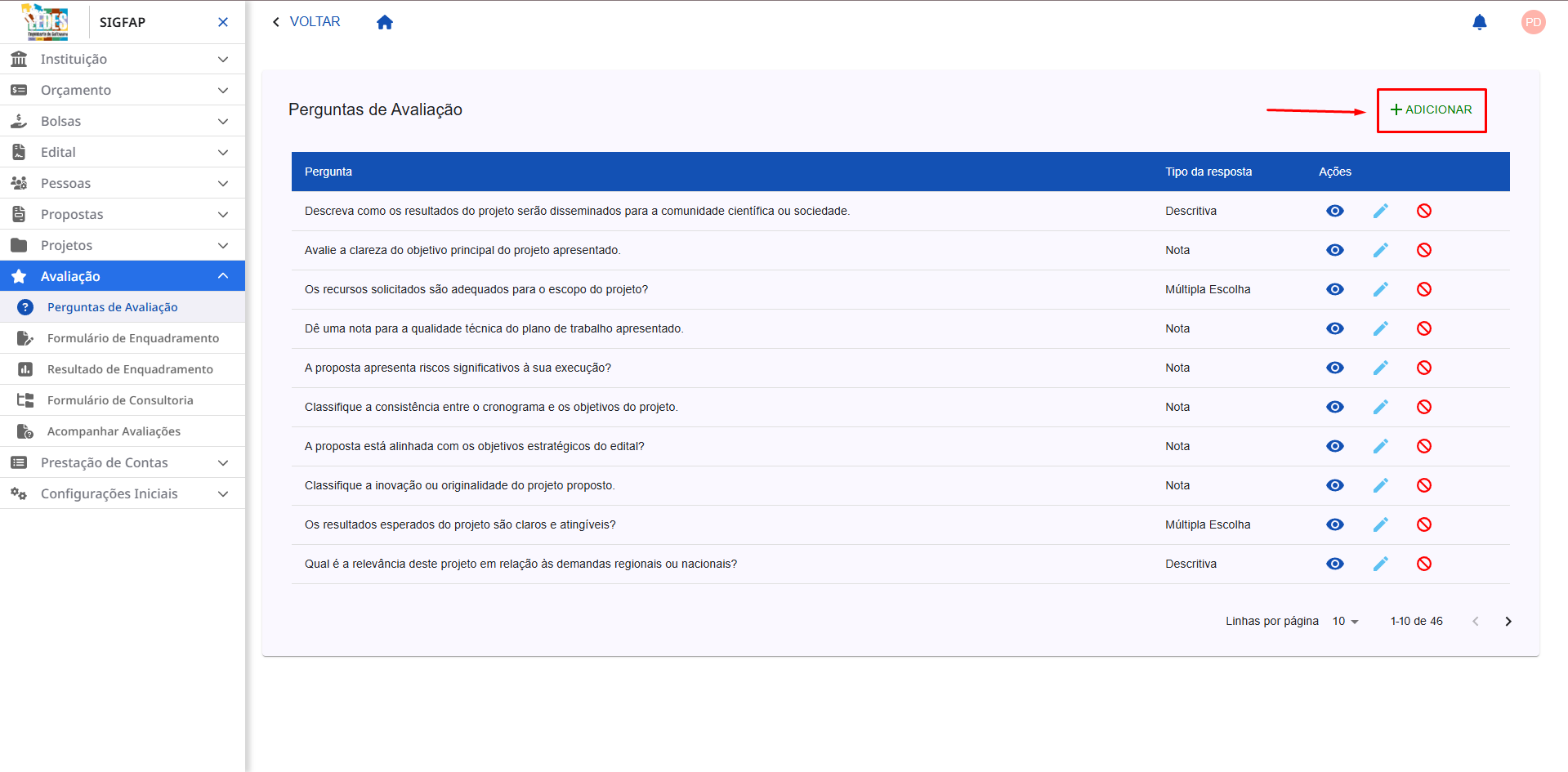 Clicando no botão de adicionar. Tela com destaque no botão de adicionar.
