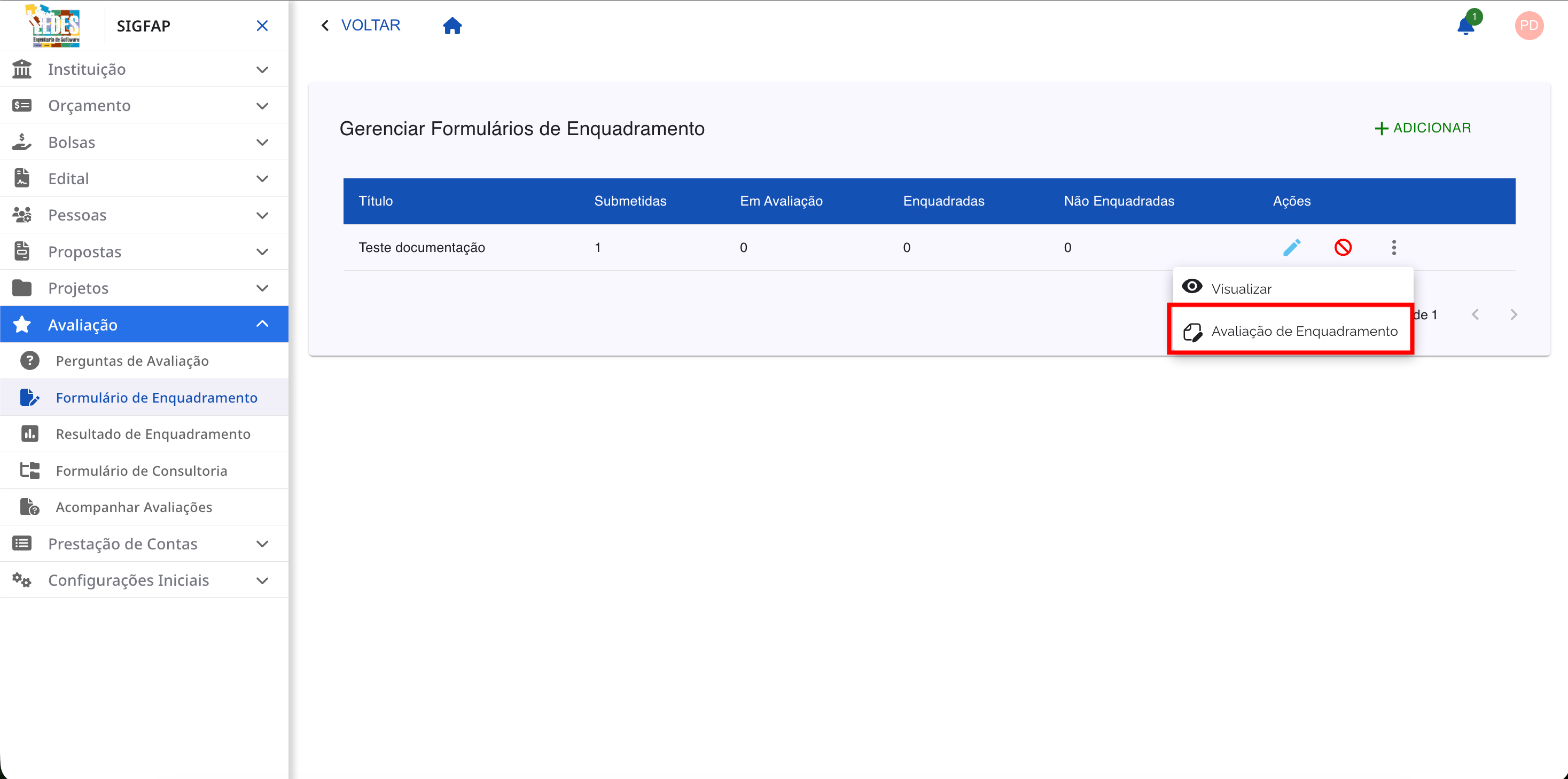Menu de ações de um formulário com a opção "Avaliação de Enquadramento" destacada.