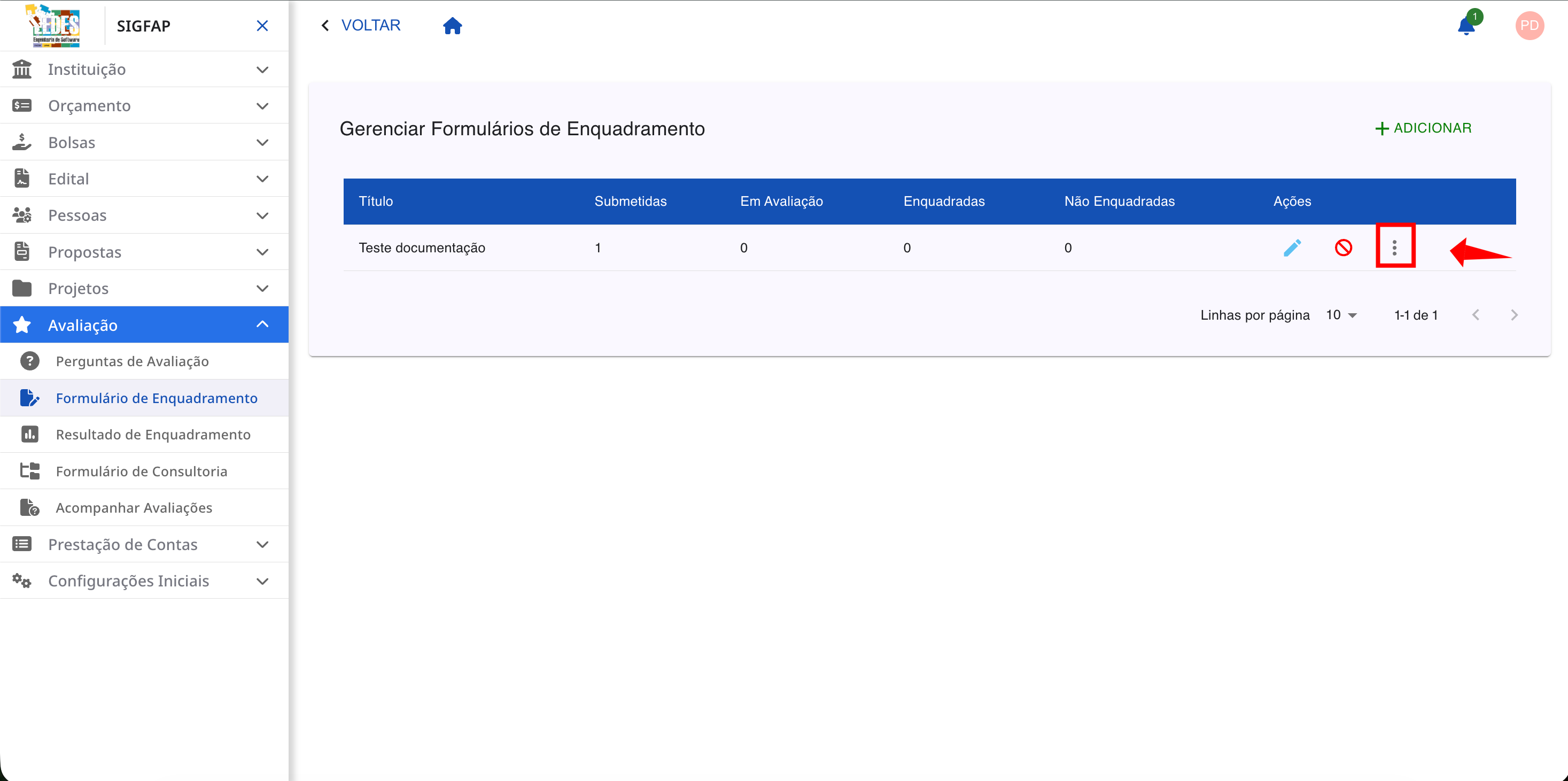 Menu de ações de um formulário com a opção "Avaliação de Enquadramento" destacada.
