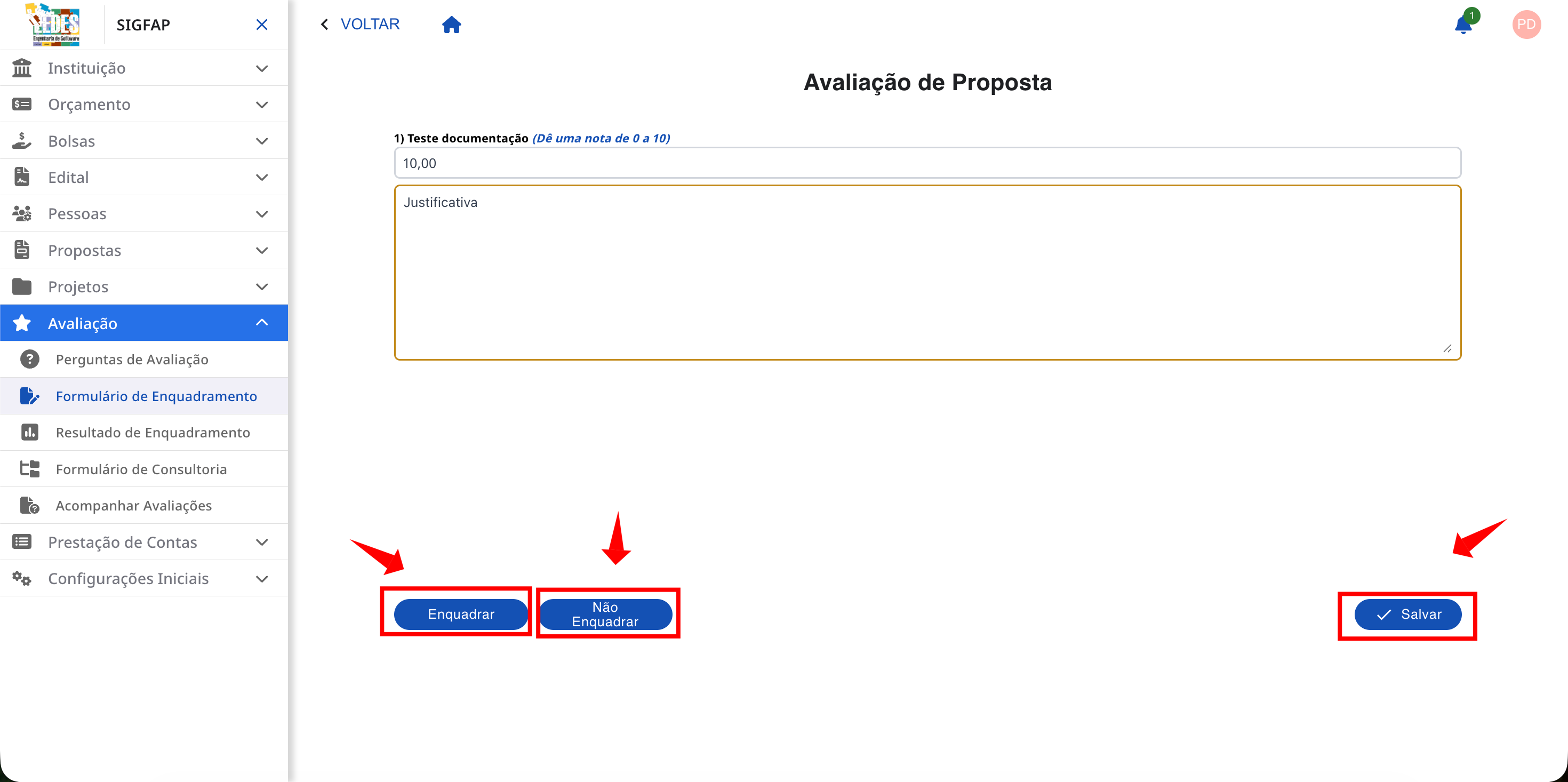 Formulário de enquadramento sendo preenchido, com os botões de ação ao final.