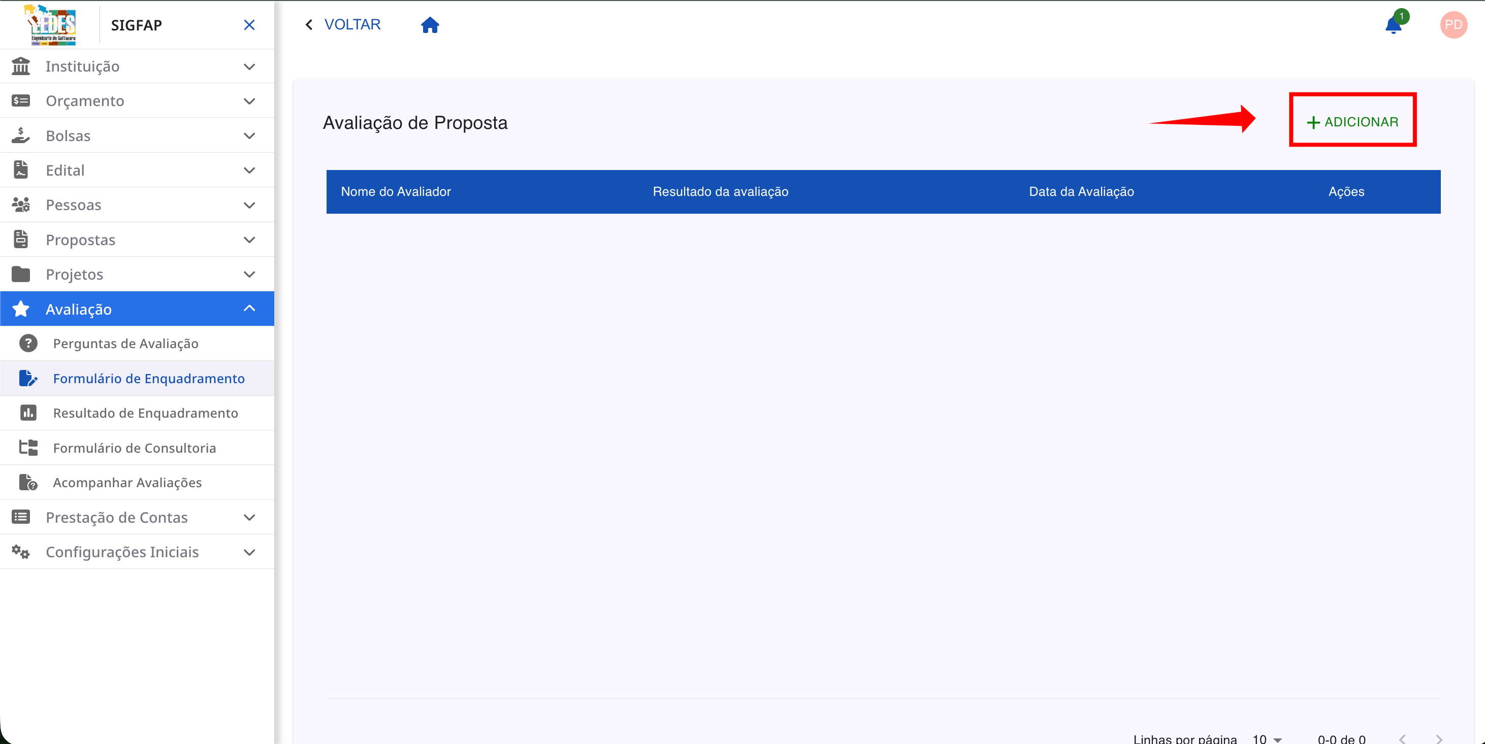 Tela de avaliações da proposta com o botão "+ ADICIONAR" destacado.