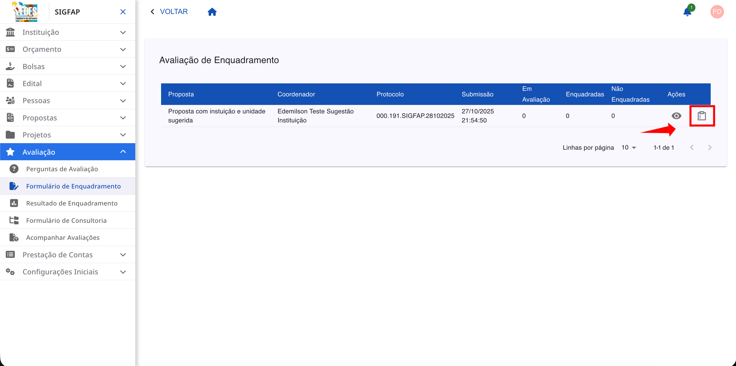 Ícone de avaliações (prancheta) destacado na lista de propostas.
